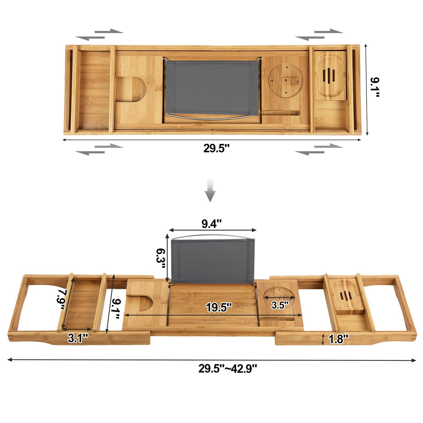 Bandeja de banho de bambu com porta-copos, suporte para livros e porta-saboneteira, SONGMICS, 10