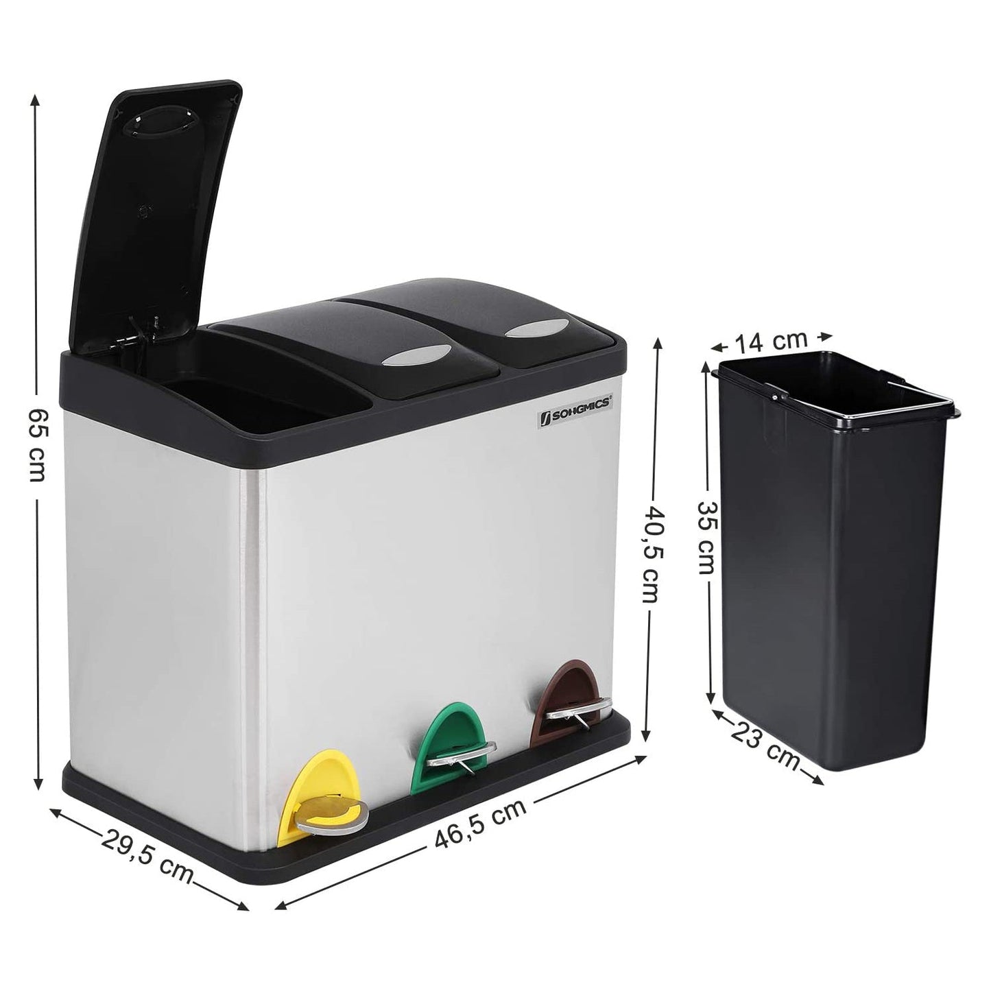 Lixeira de cozinha, 3 x 8 litros, lixeira de metal, lixeira com pedal 3 em 1
