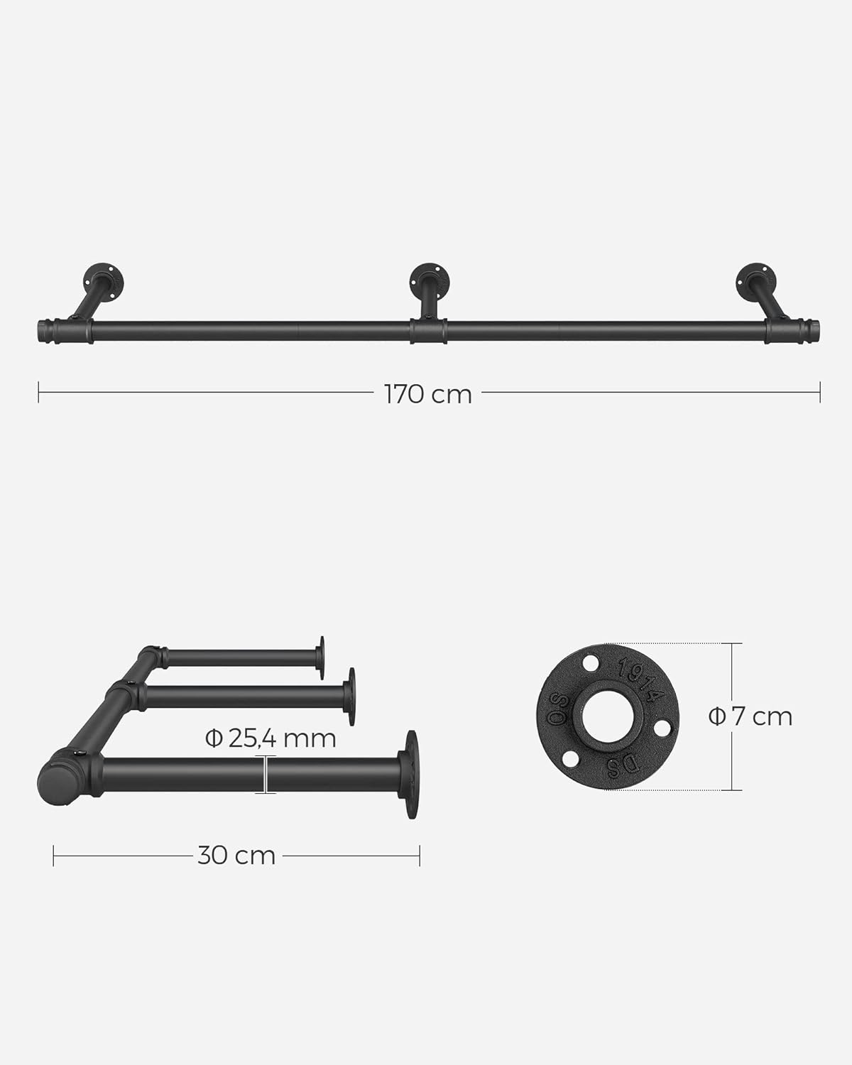 Varão de parede, cabideiro de parede, industrial, economizador de espaço, capacidade de carga 68 kg, preto, SONGMICS, 16