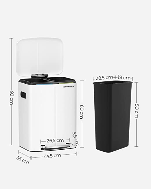 SONGMICS - Lixeira com 2 compartimentos 40 L, 2 x 20 L, lixeira, lixeira em metal, com tampa articulada e alças, fecho suave, hermético, branco