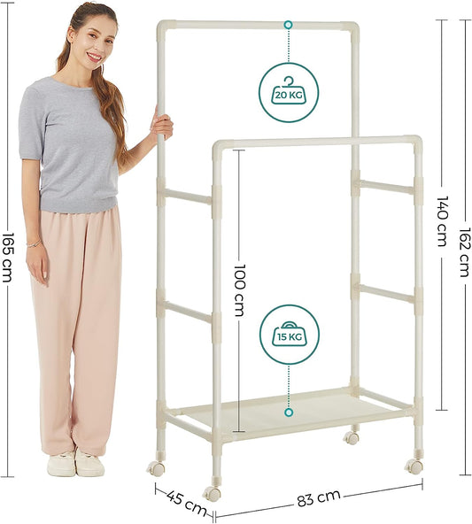 Cabideiro, cabideiro, cabideiro pequeno, metal, com 2 varões, 1 prateleira, 4 rodas, branco, SONGMICS, 2