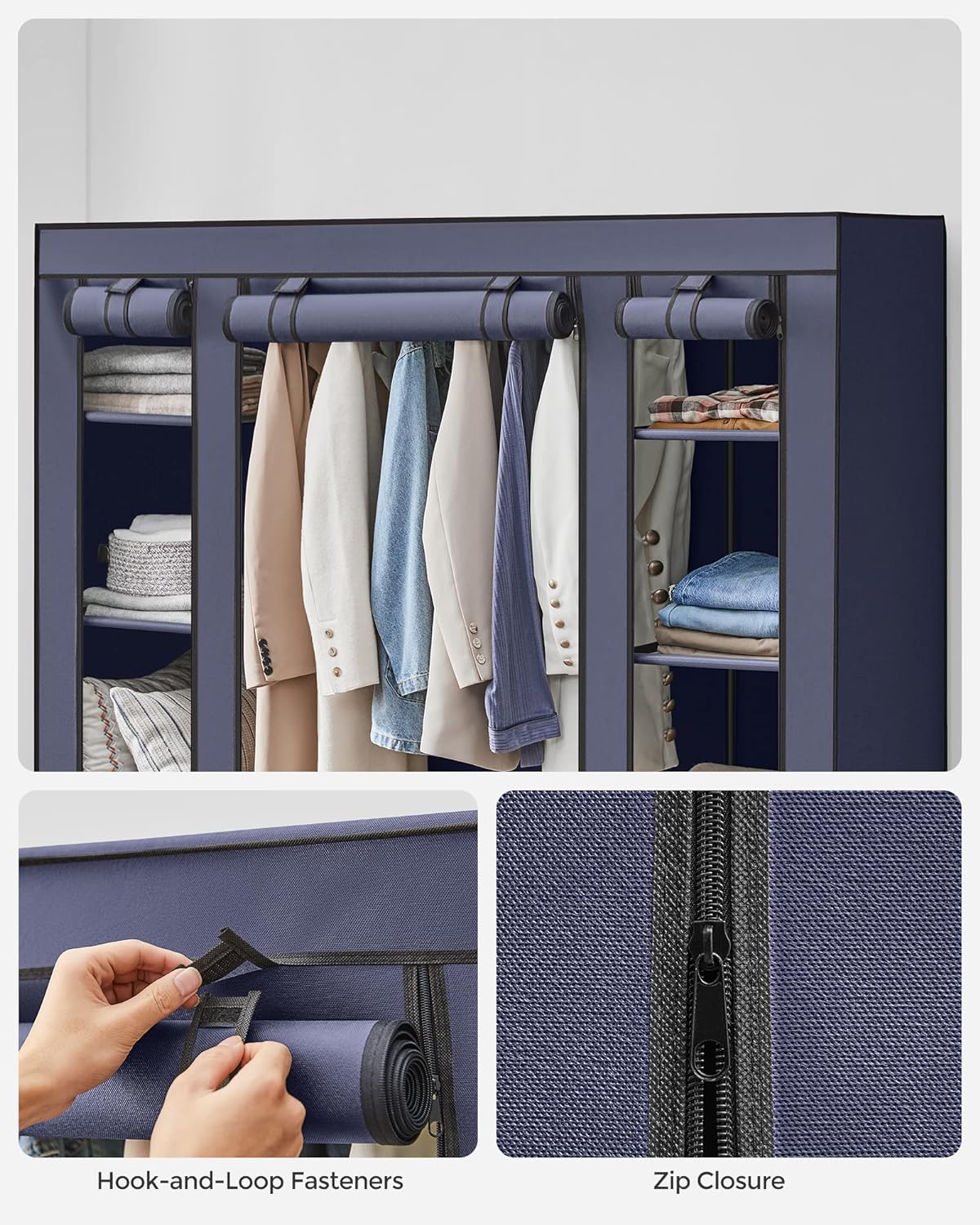 Armário, guarda-roupa em tecido, com capa em tecido não tecido, 12 prateleiras, azul marinho, SONGMICS, 4