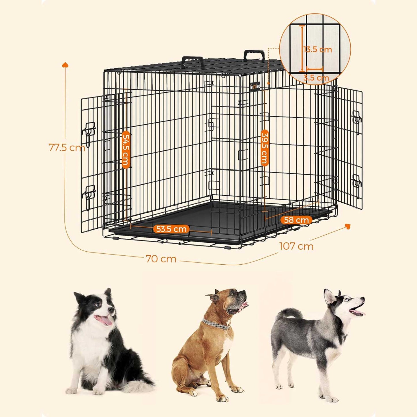 Gaiola para cães, XL, dobrável, com 2 portas, bandeja plástica extraível, corrida para cachorros, preta, FEANDREA