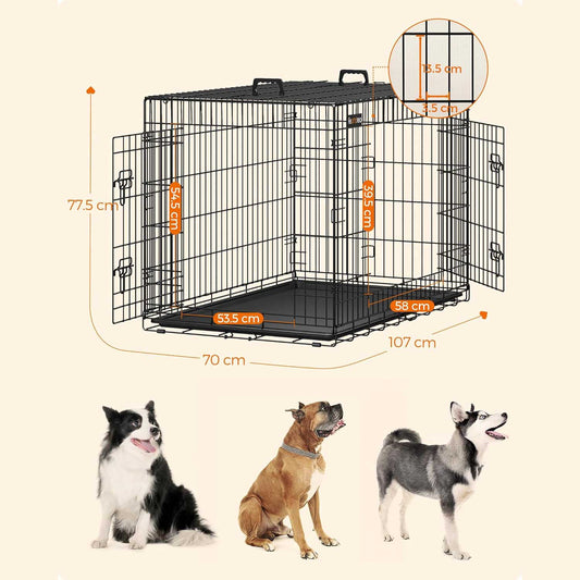 Gaiola para cães, XL, dobrável, com 2 portas, bandeja plástica extraível, corrida para cachorros, preta, FEANDREA
