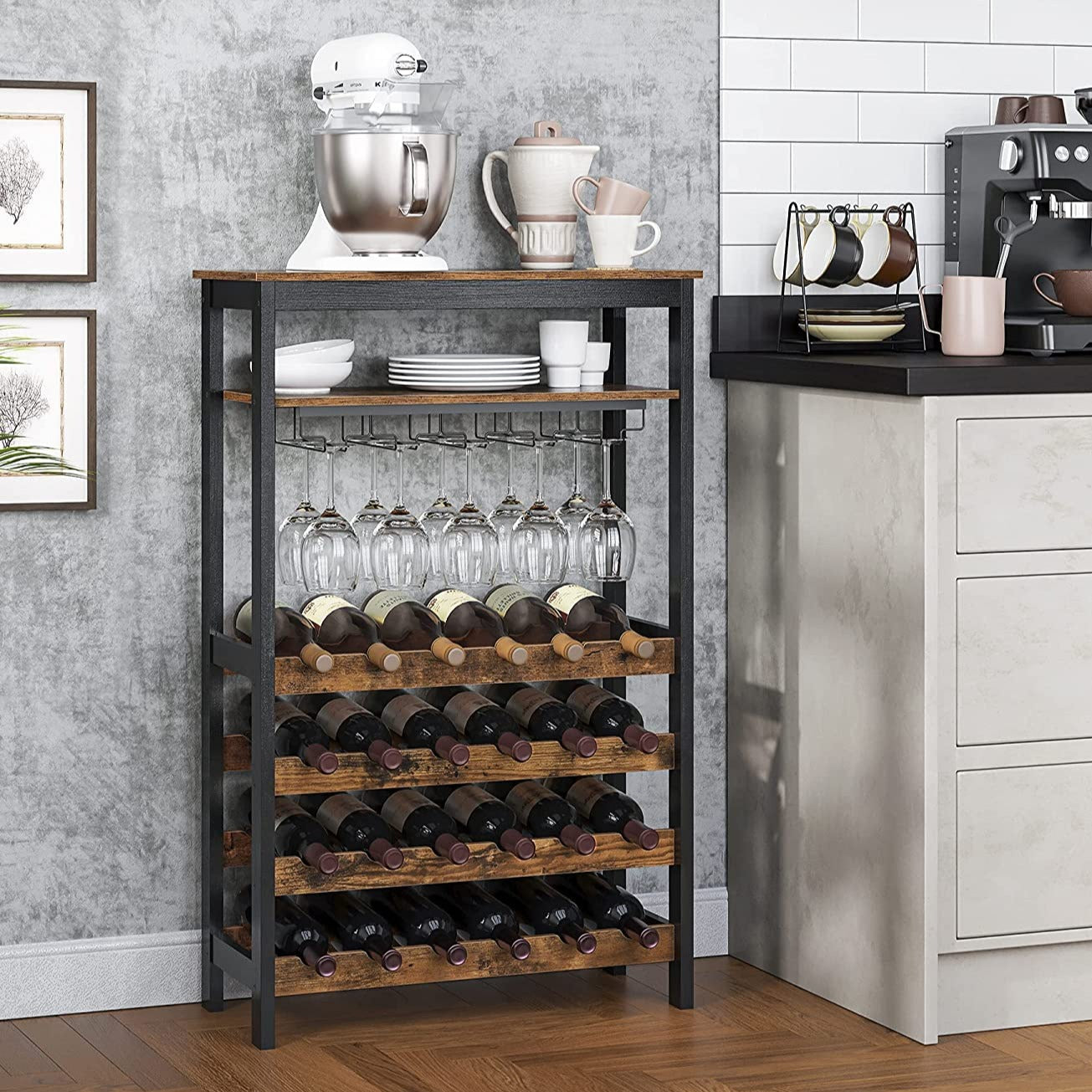 Rack de vinho, comporta 24 garrafas de vinho, rack de cozinha em pé, rack de garrafas com suportes de vidro
