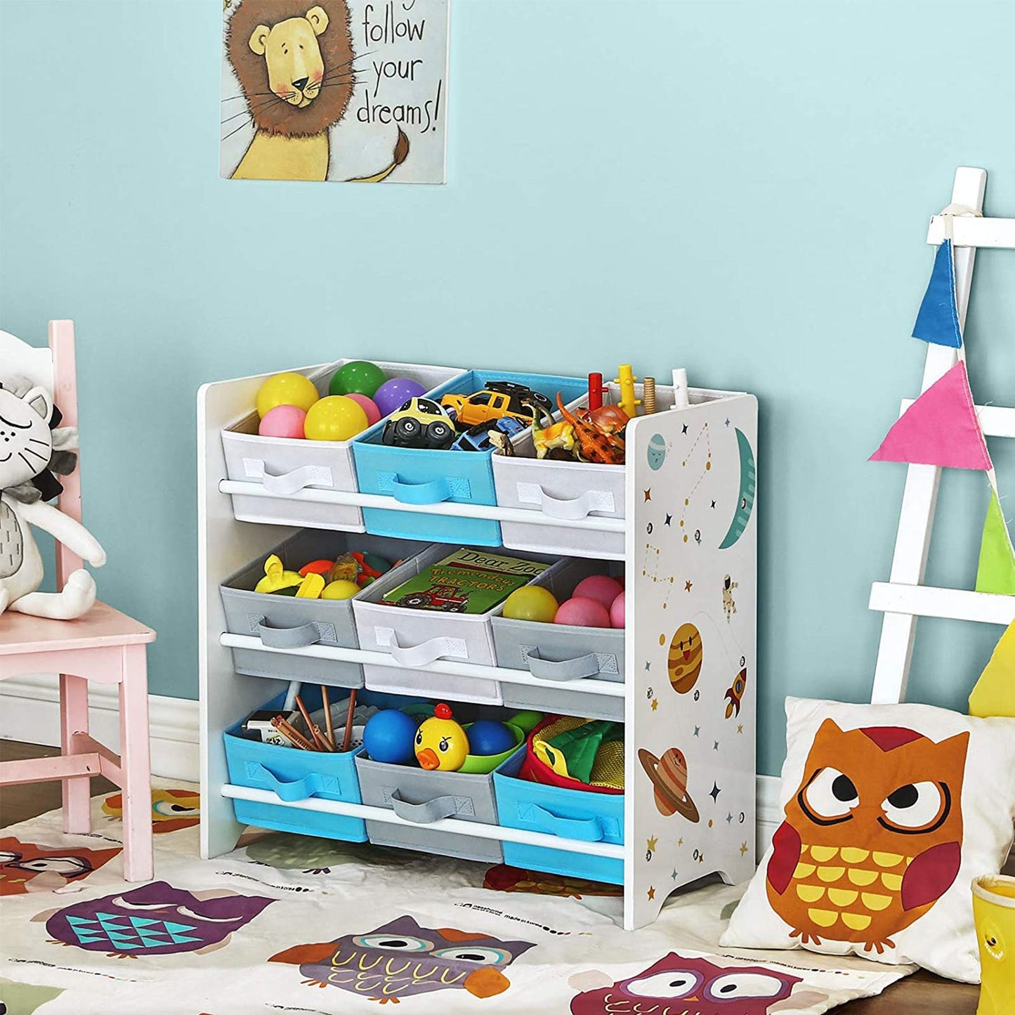 Prateleira de berçário, organizador de brinquedos, estante para crianças com 9 caixas de armazenamento de lã, Songmics, 6