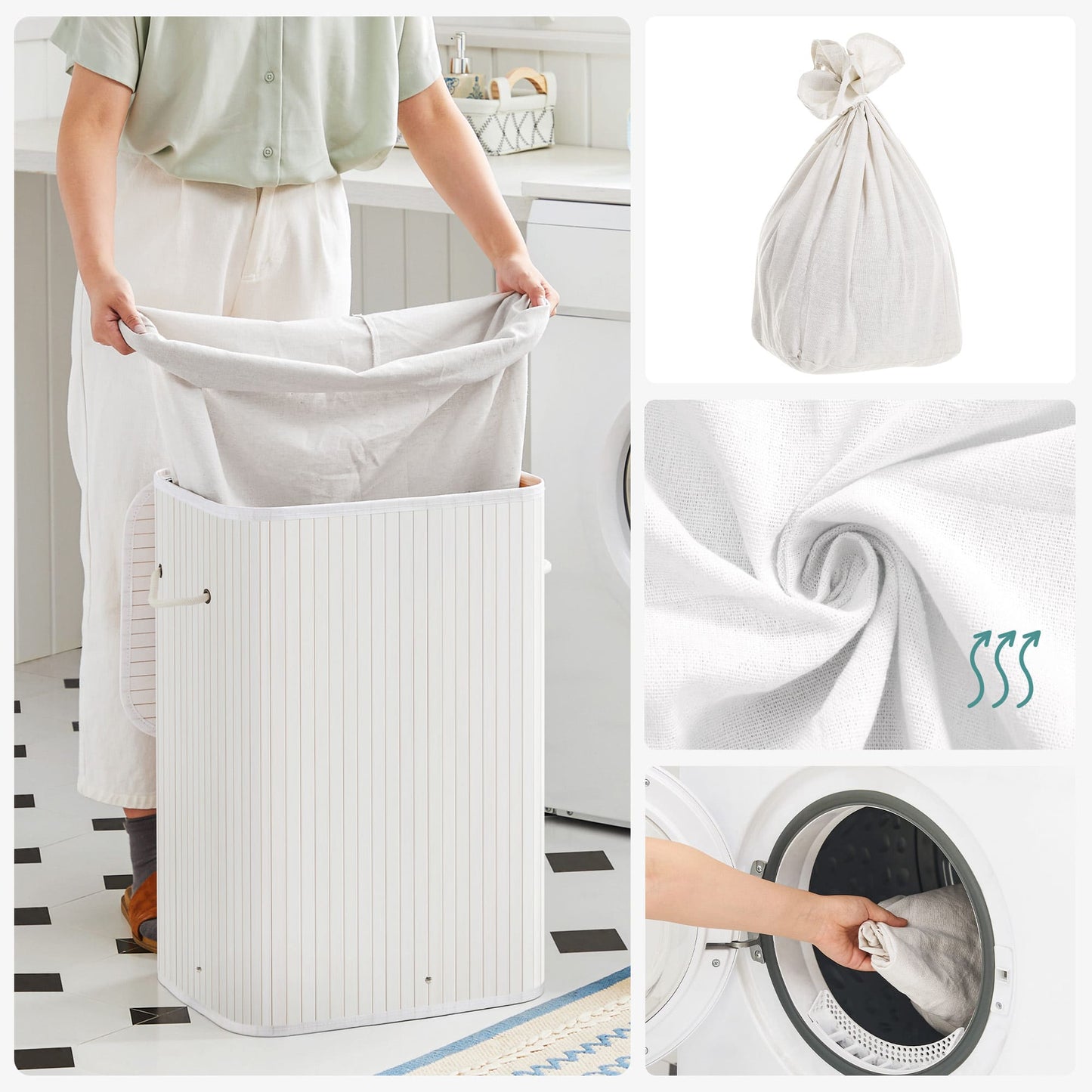 Cesto para roupa suja de bambu, 72L, dobrável com tampa e saco removível de algodão para roupa suja, SONGMICS, 2