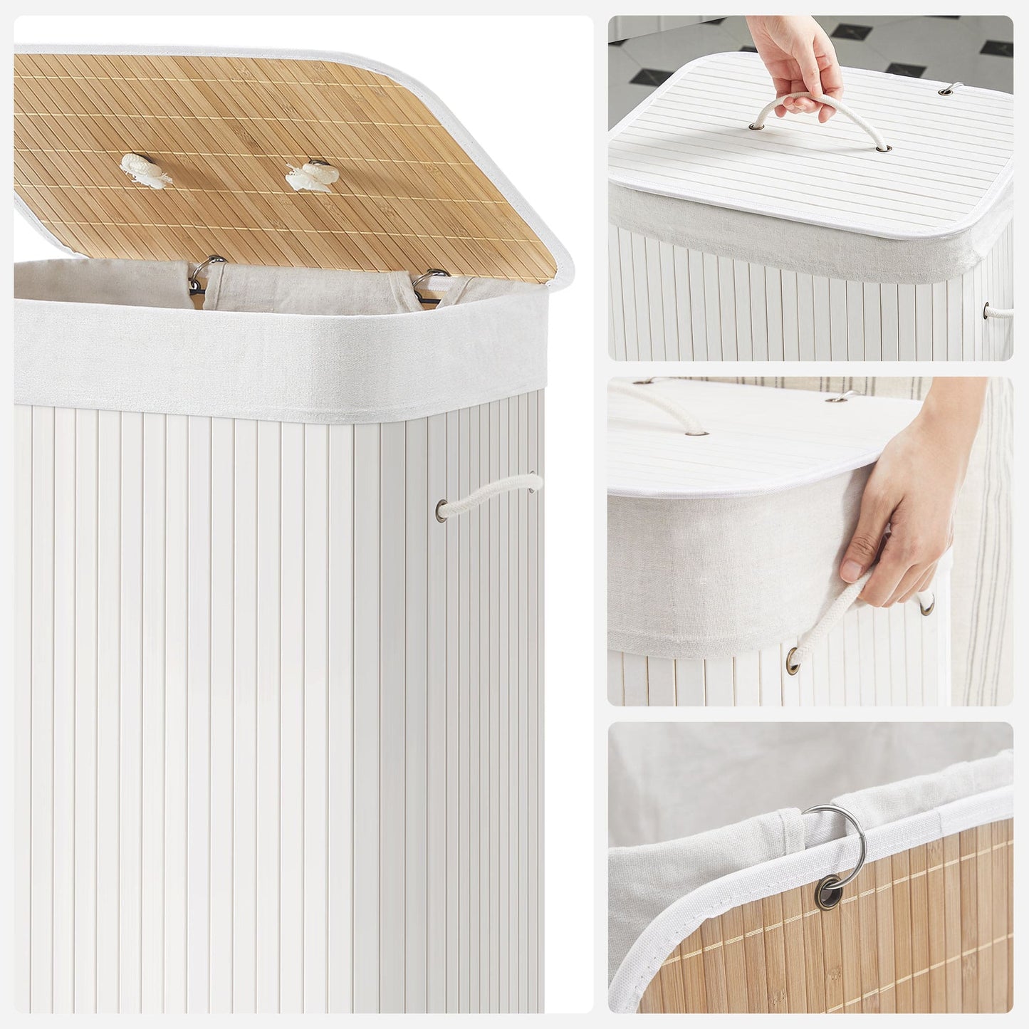 Cesto para roupa suja de bambu, 72L, dobrável com tampa e saco removível de algodão para roupa suja, SONGMICS, 4