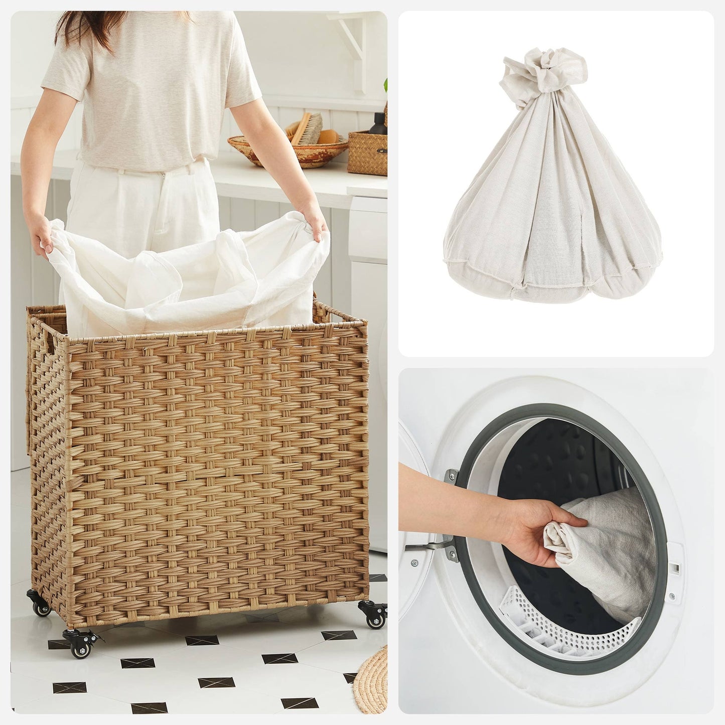 Cesto de roupa suja, cesto de roupa suja, cesto de roupa suja 3 compartimentos, cesto de roupa suja com rodas, Songmics, 10