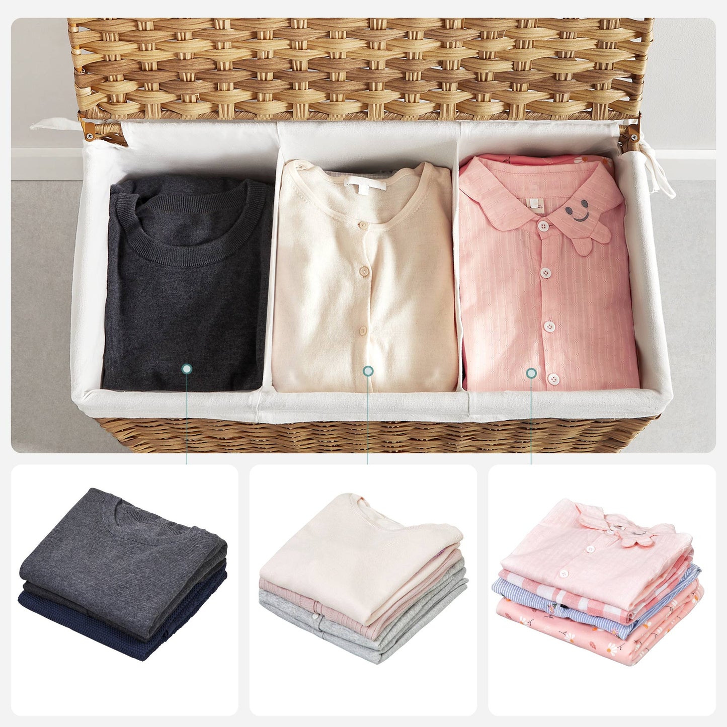Cesto de roupa suja, cesto de roupa suja, cesto de roupa suja 3 compartimentos, cesto de roupa suja com rodas, Songmics, 7