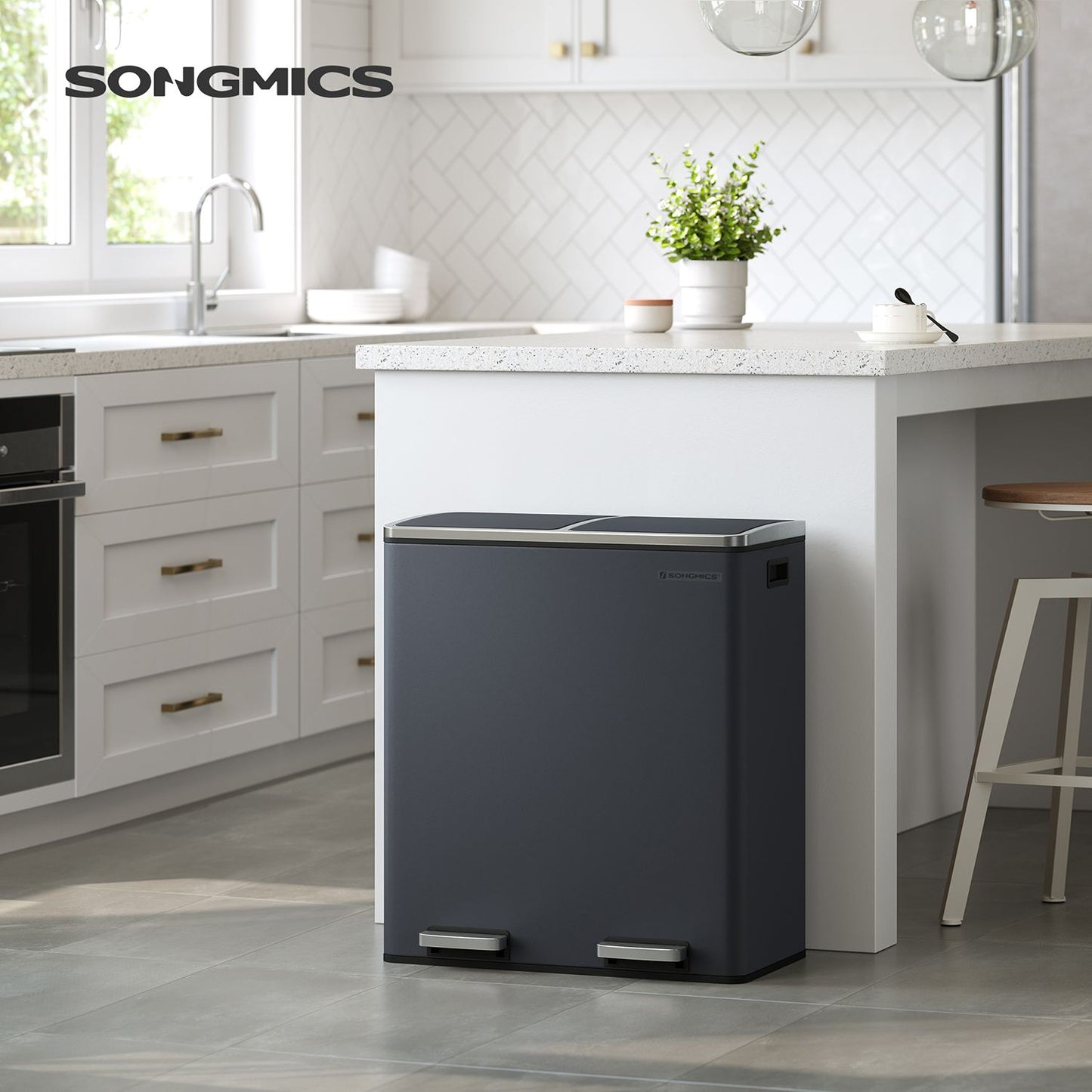 Lixeira de cozinha, 2 x 30 L, lixeira com 3 compartimentos, lixeira grande de cozinha, lixeira de meta, SONGMICS 4
