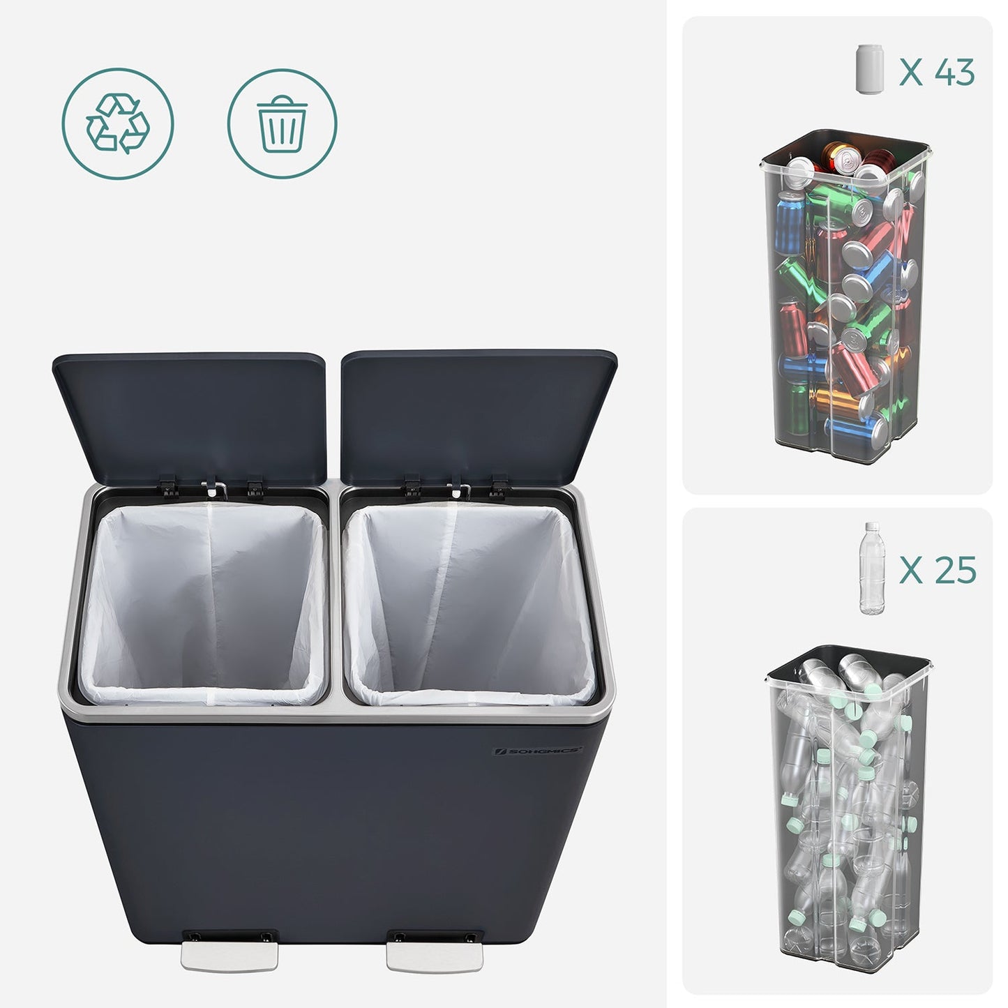 Lixeira de cozinha, 2 x 30 L, lixeira com 3 compartimentos, lixeira grande de cozinha, lixeira de meta, SONGMICS 2