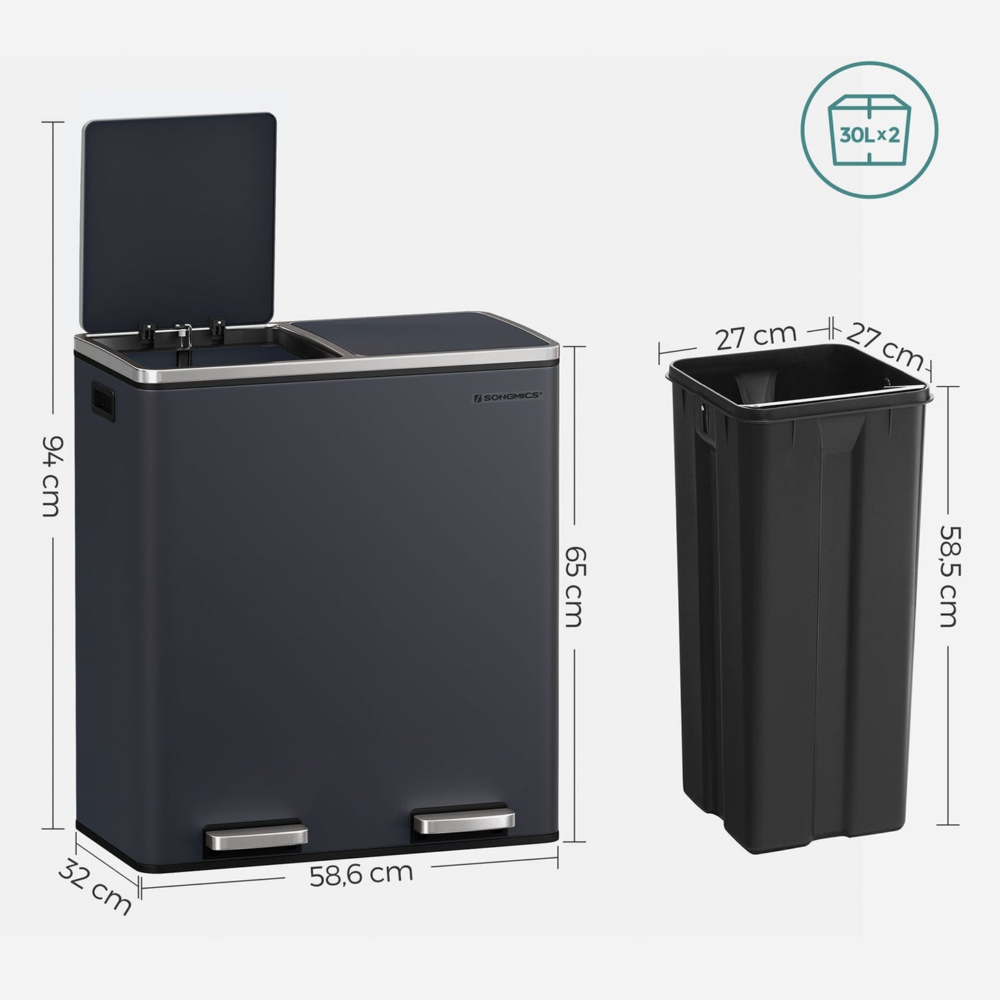 Lixeira de cozinha, 2 x 30 L, lixeira com 3 compartimentos, lixeira grande de cozinha, lixeira de meta, SONGMICS 6