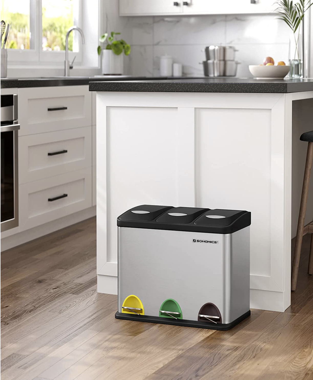 Lixeira de cozinha, 3 x 8 litros, lixeira metálica, lixeira com pedal 3 em 1, sistema de separação de lixo, fácil de limpar, aço, prata