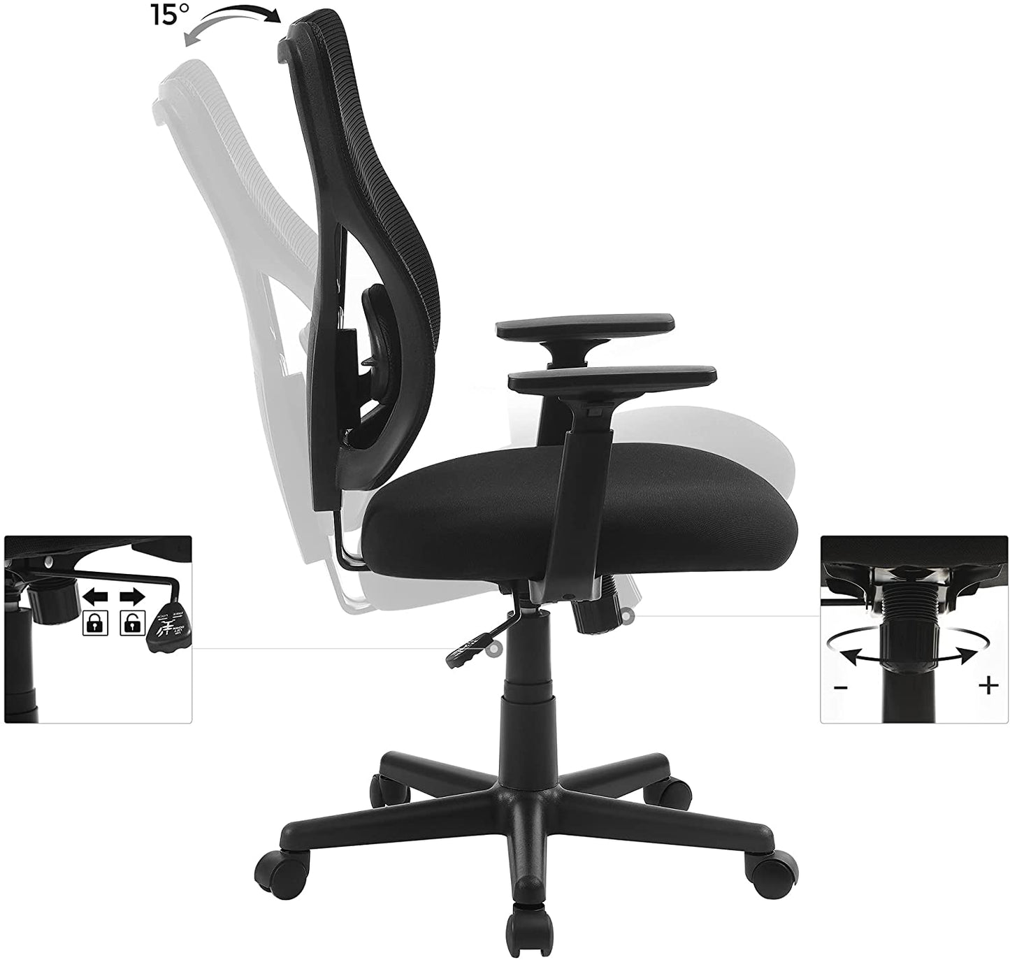 Cadeira de escritório, capacidade de carga 120 kg, cadeira de escritório em malha, encosto e braços ajustáveis, SONGMICS, 2