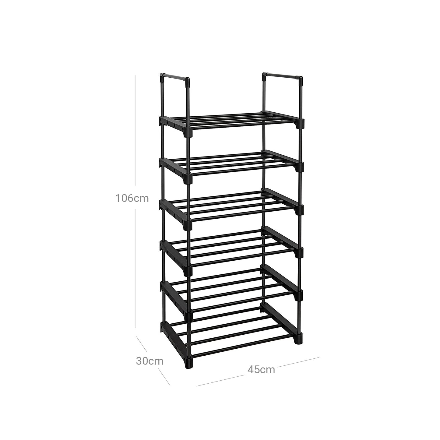 Sapateira, sapateira com 6 prateleiras, sapateira de metal, prateleira que economiza espaço, 45x30x106 cm, preto, Songmics, 6
