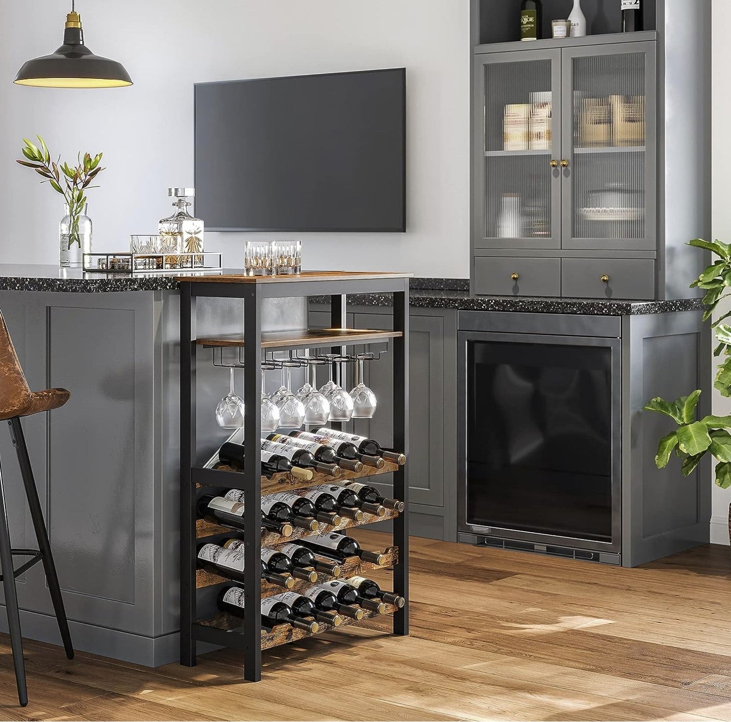 Rack de vinho para 24 garrafas de vinho, suporte independente para garrafas com suporte de vidro para cozinha, bar, sala de jantar