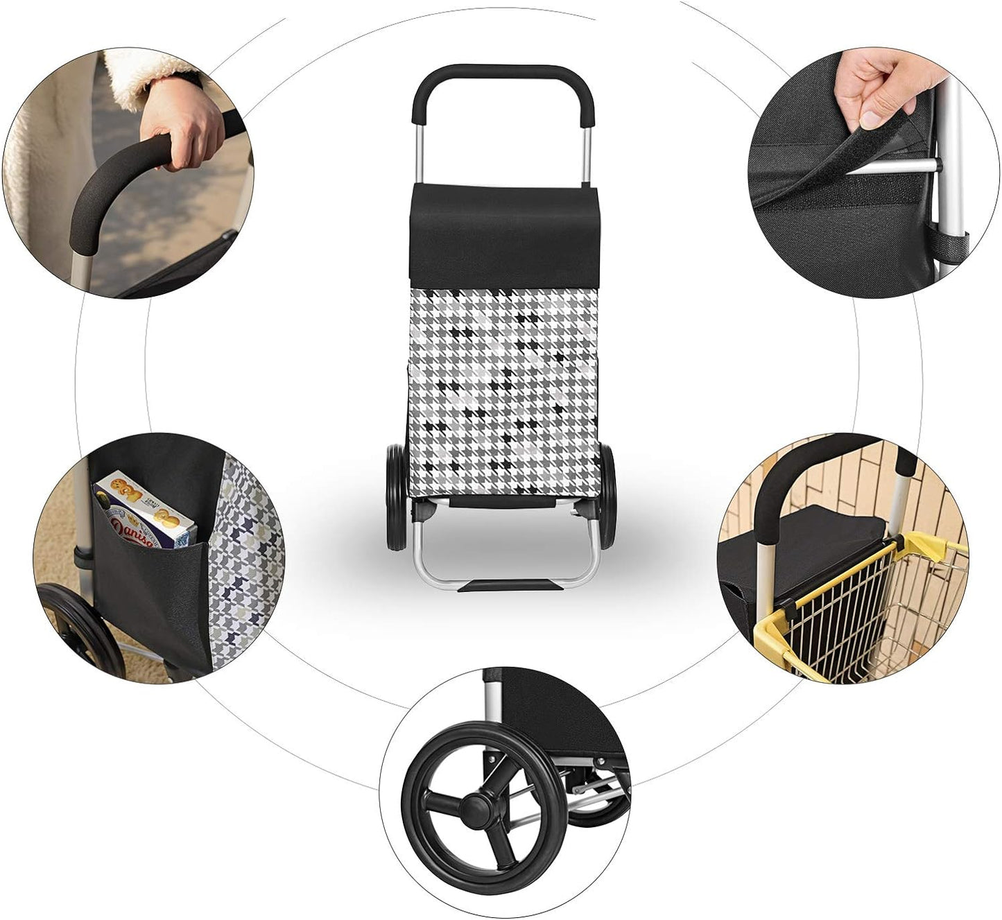 Carrinho de compras, carrinho de compras, com rodas, capacidade 40 L, com bolsos, rodas silenciosas e ganchos, preto, SONGMICS, 2