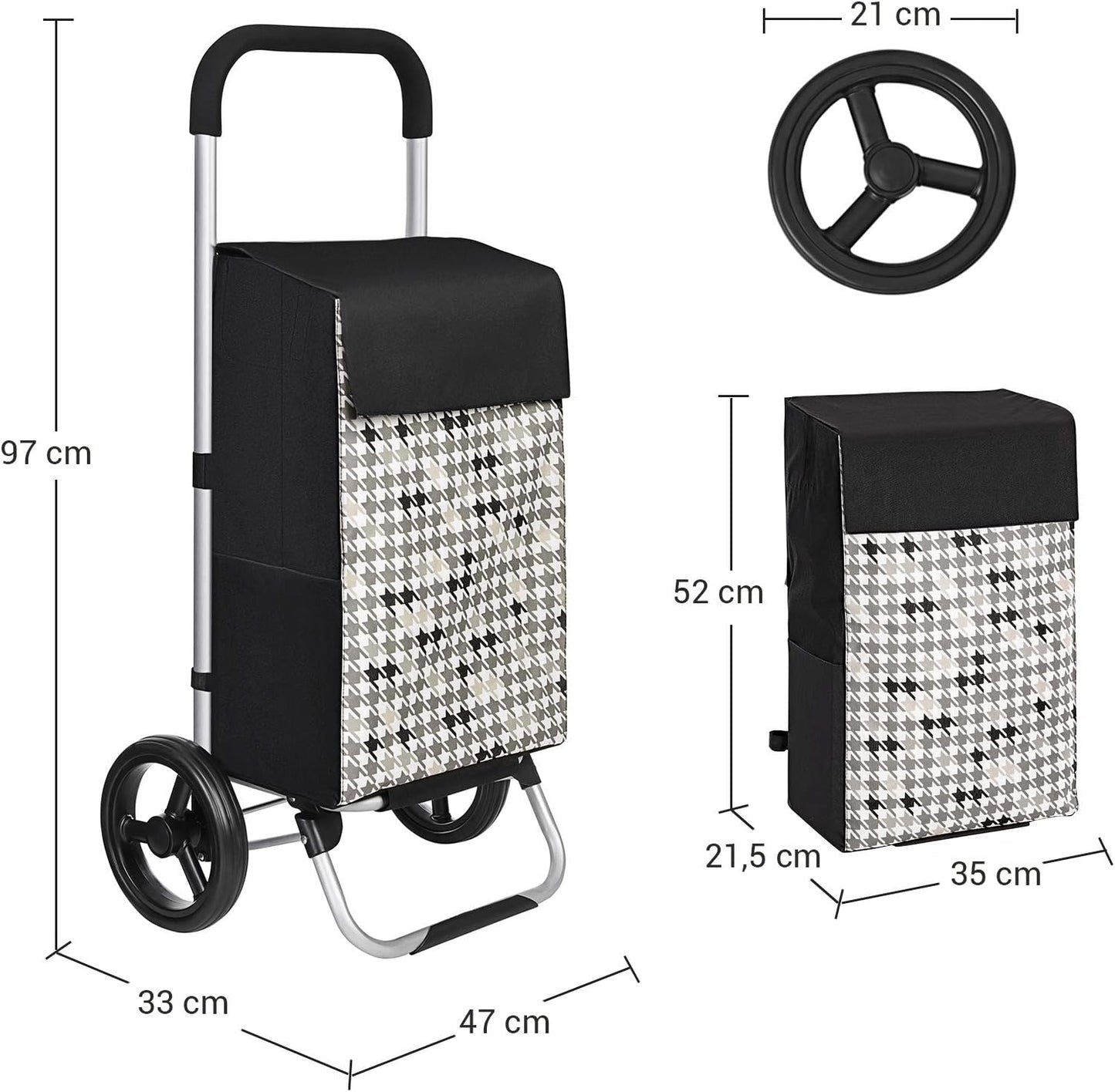 Carrinho de compras, carrinho de compras, com rodas, capacidade 40 L, com bolsos, rodas silenciosas e ganchos, preto, SONGMICS, 3