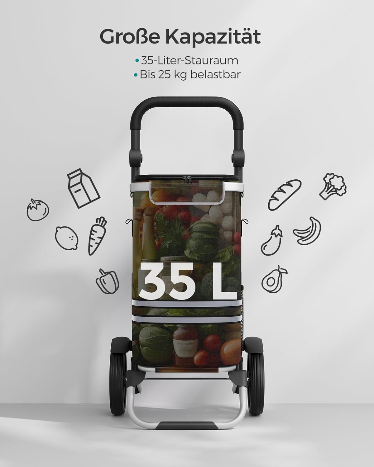 Carrinho de compras, carrinho, carrinho de compras com compartimento frigorífico, grande, 35 litros, preto, SONGMICS, 4