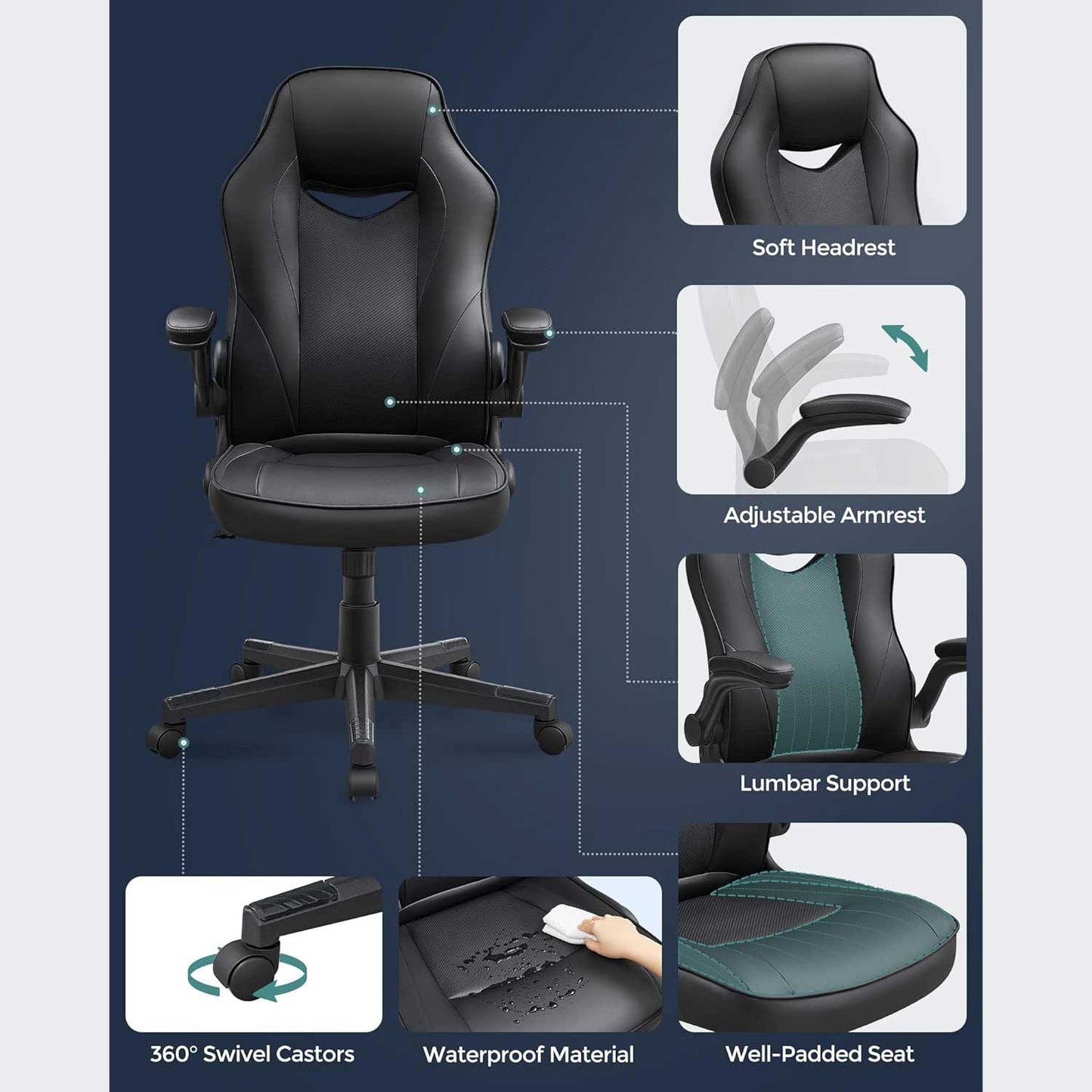 Cadeira de escritório, cadeira de escritório ergonômica, cadeira de computador, altura ajustável, até 150 kg, SONGMICS, 4