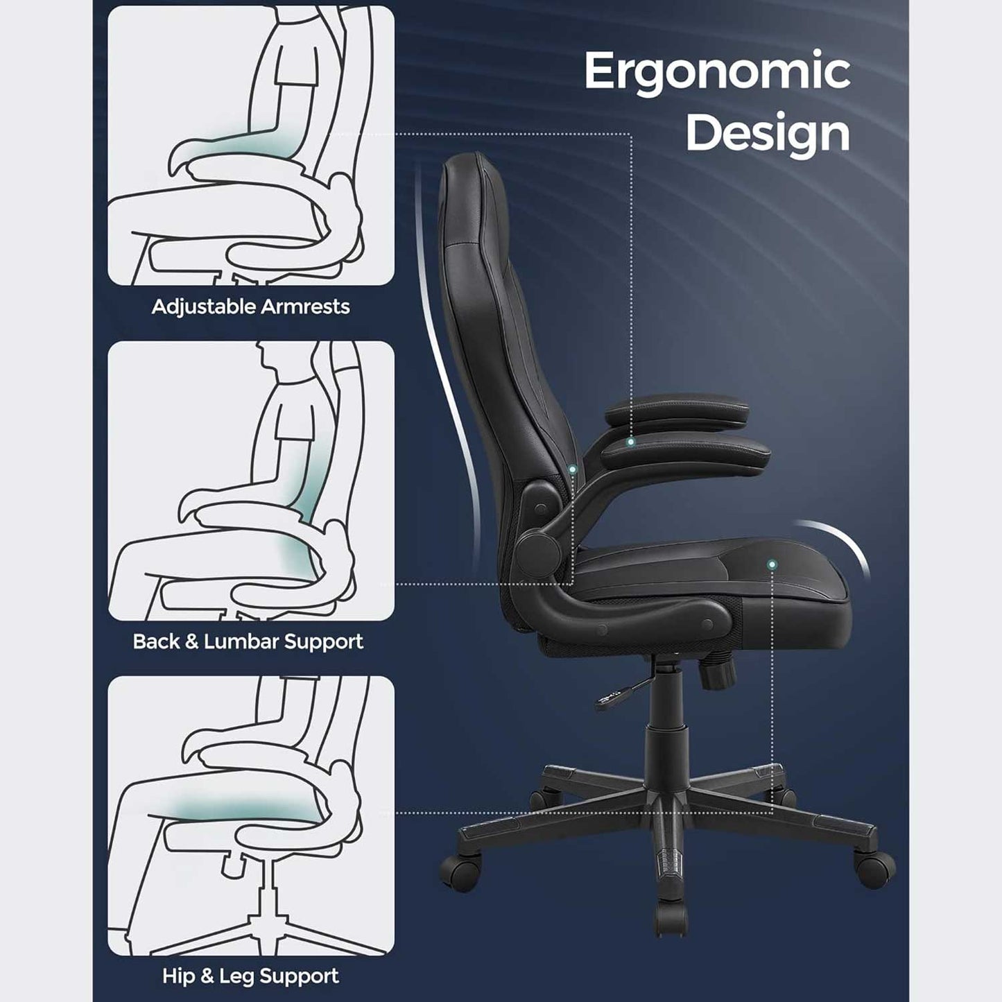 Cadeira de escritório, cadeira de escritório ergonômica, cadeira de computador, altura ajustável, até 150 kg, SONGMICS, 3