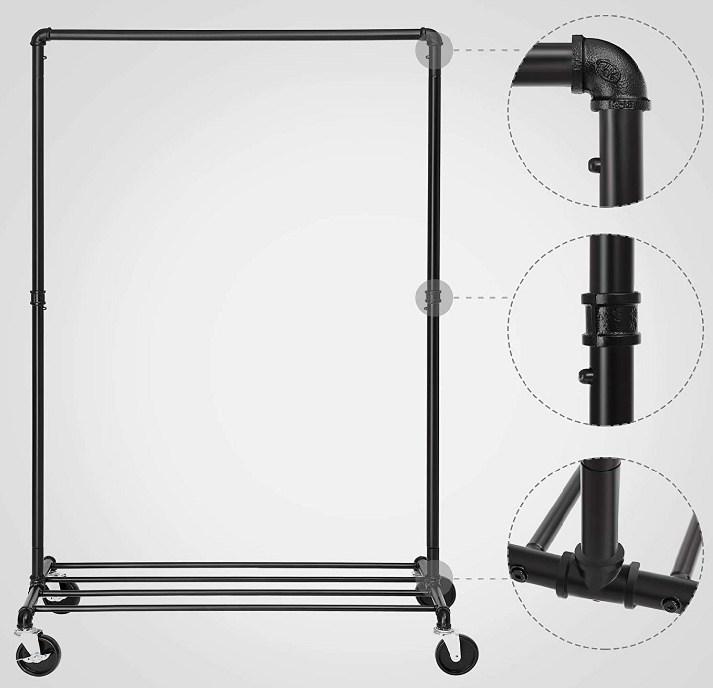 Cabide, varão resistente, com rodas, capacidade até 90 kg, cabideiro, com varão e prateleira, preto, SONGMICS, 1