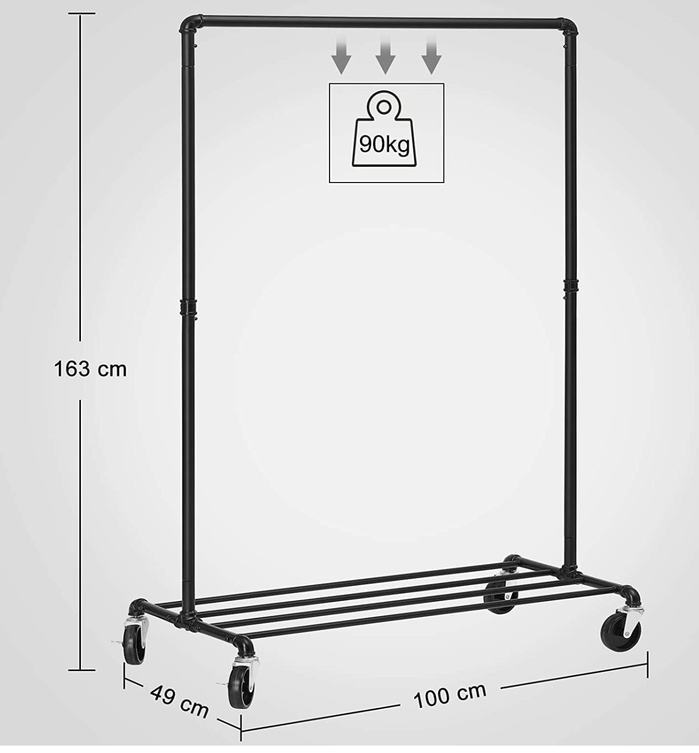Cabide, varão resistente, com rodas, capacidade até 90 kg, cabideiro, com varão e prateleira, preto, SONGMICS, 1