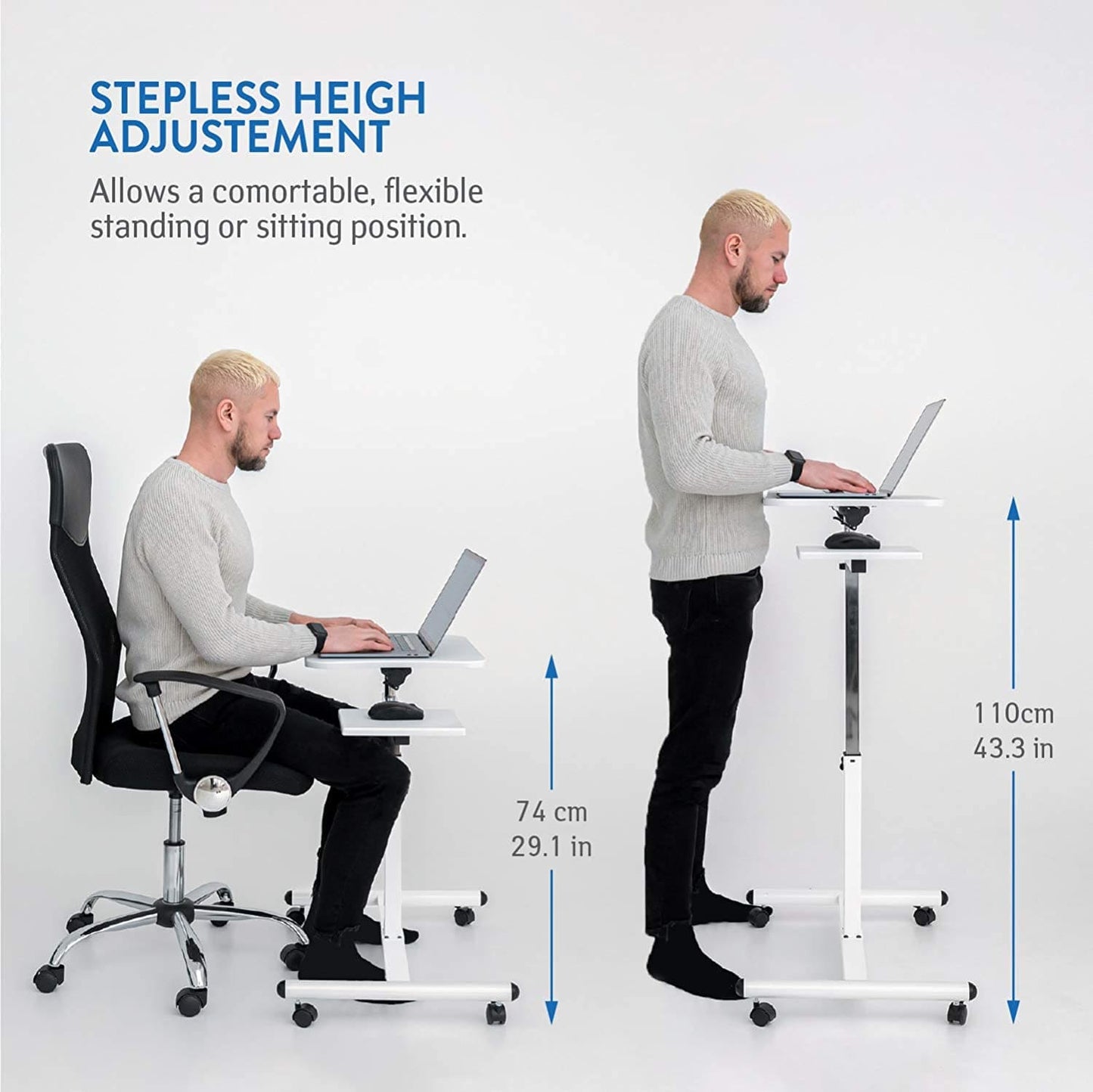 Mesa para laptop, mesa para laptop ajustável em altura, sofá para mesa para laptop, altura 72-110 cm, branco, Tatkraft Bianca, 3