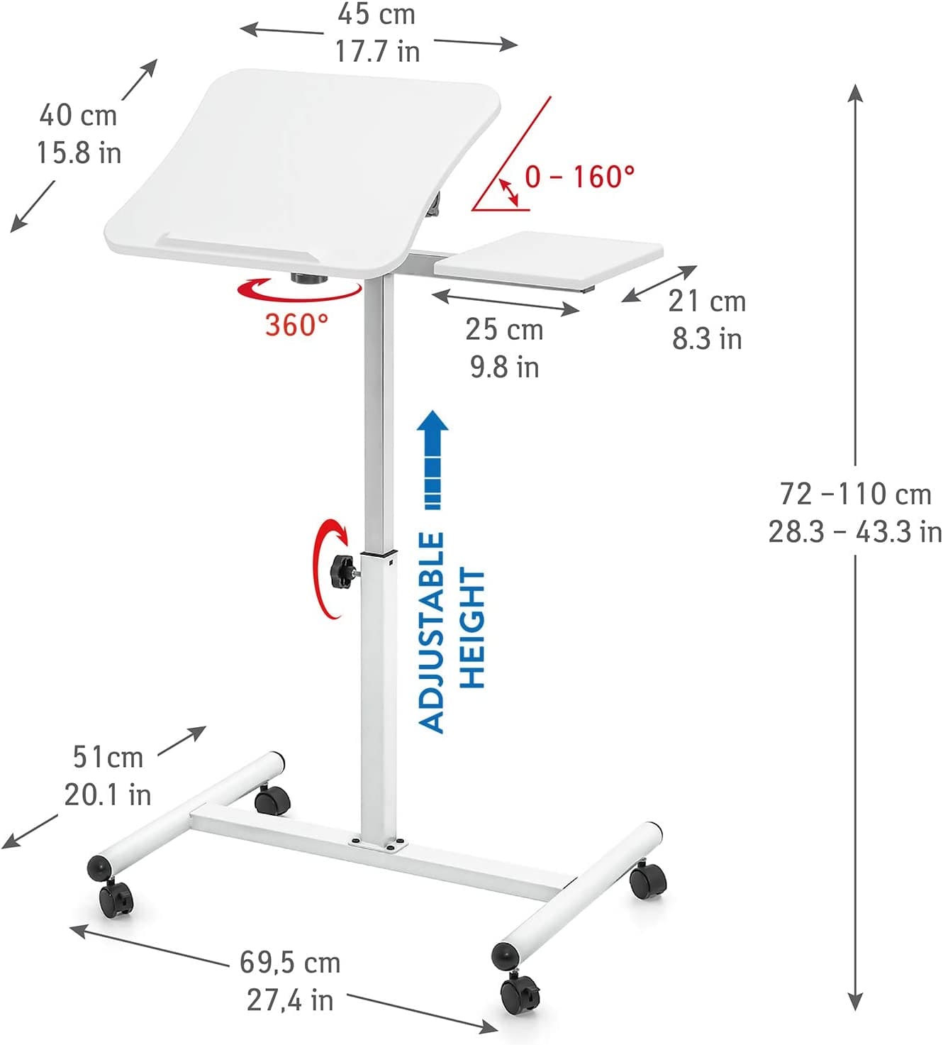 Mesa para laptop, mesa para laptop ajustável em altura, sofá para mesa para laptop, altura 72-110 cm, branco, Tatkraft Bianca, 5