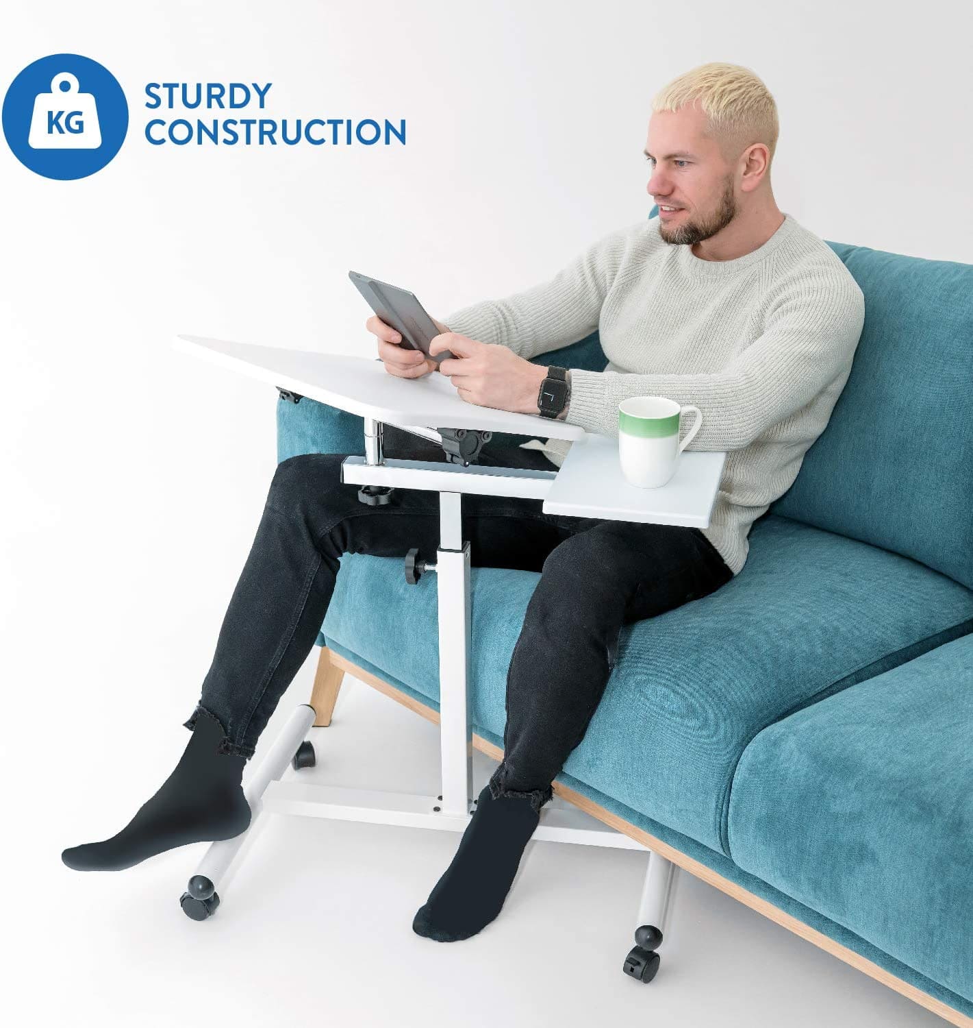 Mesa para laptop, mesa para laptop ajustável em altura, sofá para mesa para laptop, altura 72-110 cm, branco, Tatkraft Bianca, 7