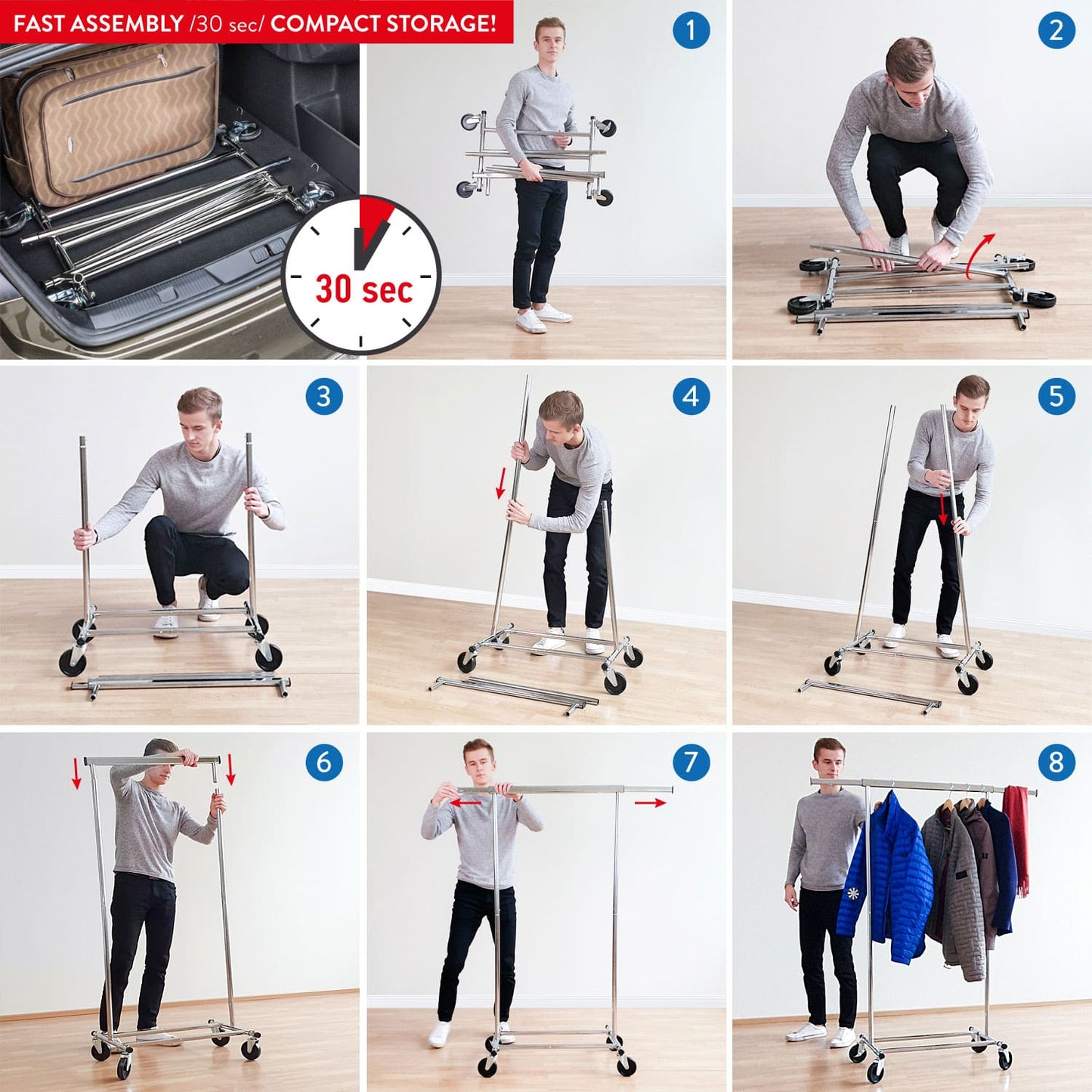 Cabideiro, estável, pode suportar até 100 kg, guarda-roupa com rodinhas, comprimento extensível, aço cromado, Tatkraft Darren, 7