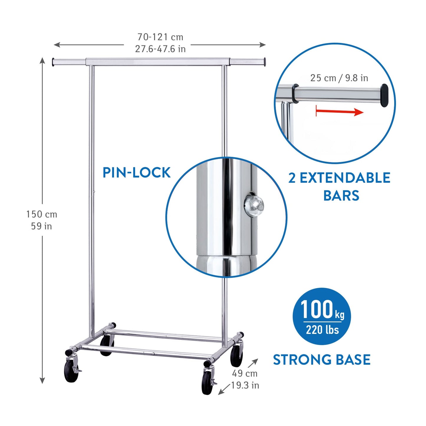 Cabideiro, estável, pode suportar até 100 kg, guarda-roupa com rodinhas, comprimento extensível, aço cromado, Tatkraft Darren, 5
