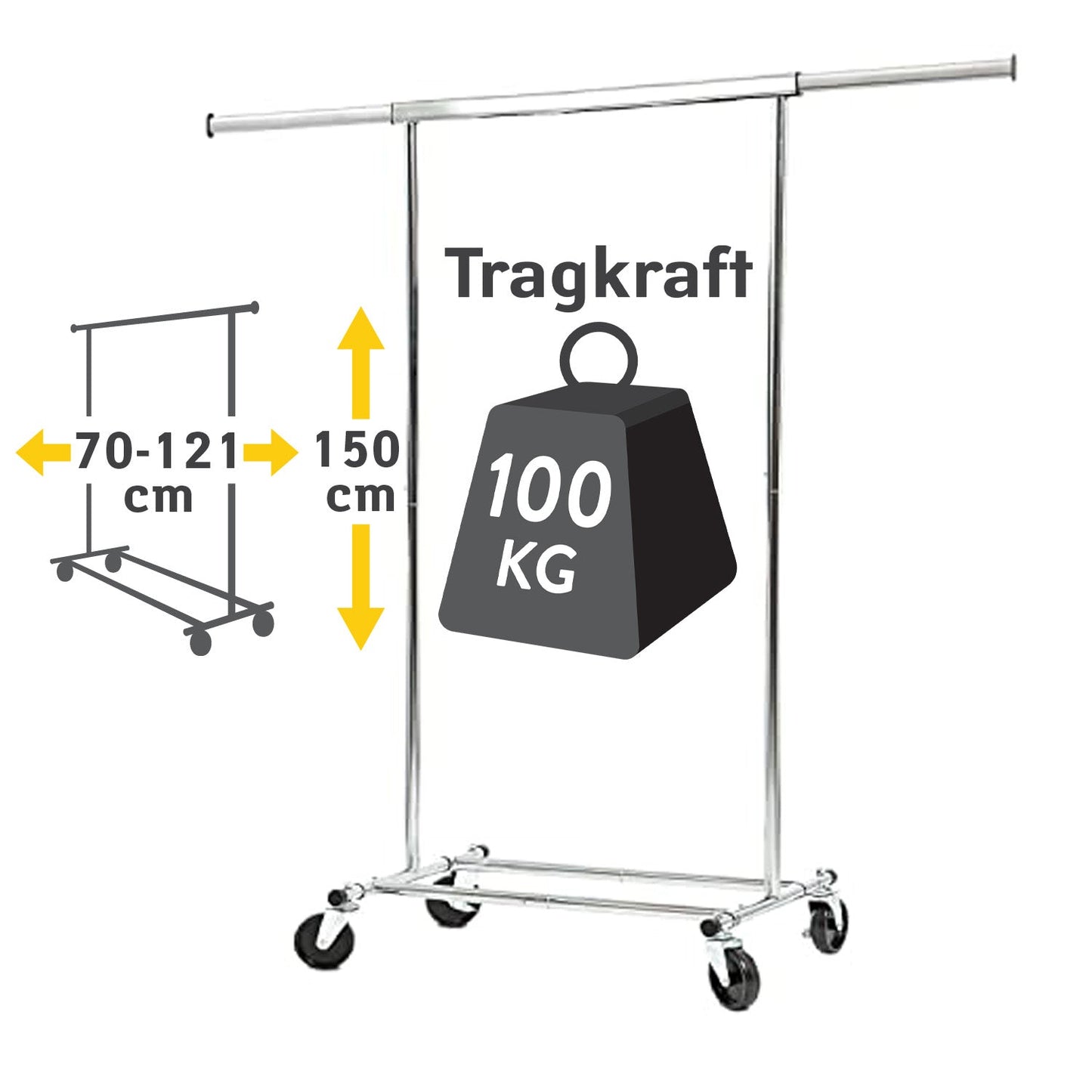 Cabideiro, estável, pode suportar até 100 kg, guarda-roupa com rodinhas, comprimento extensível, aço cromado, Tatkraft Darren, 3