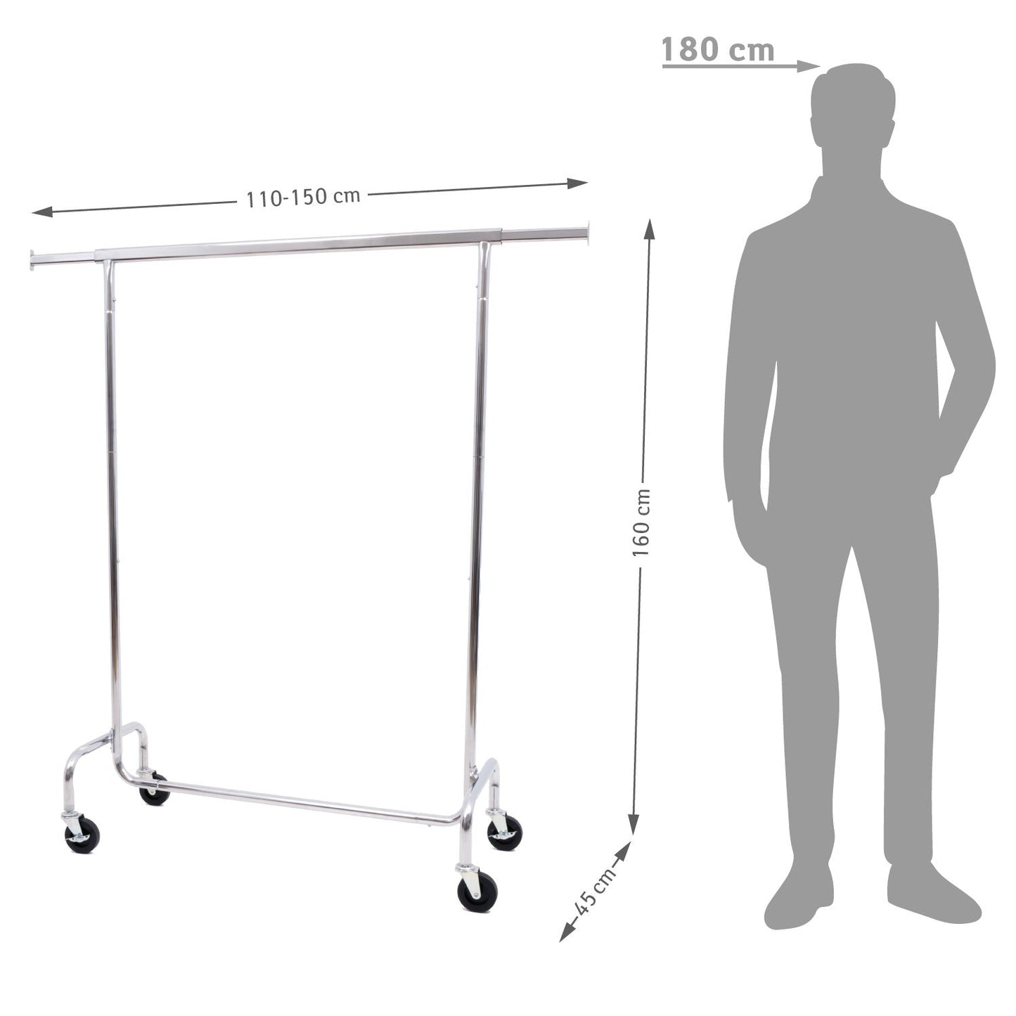 Cabide resistente, sobre rodas, pode suportar até 130 kg, cabide estável, ajustável, aço cromado, Tatkraft Didrik, 10