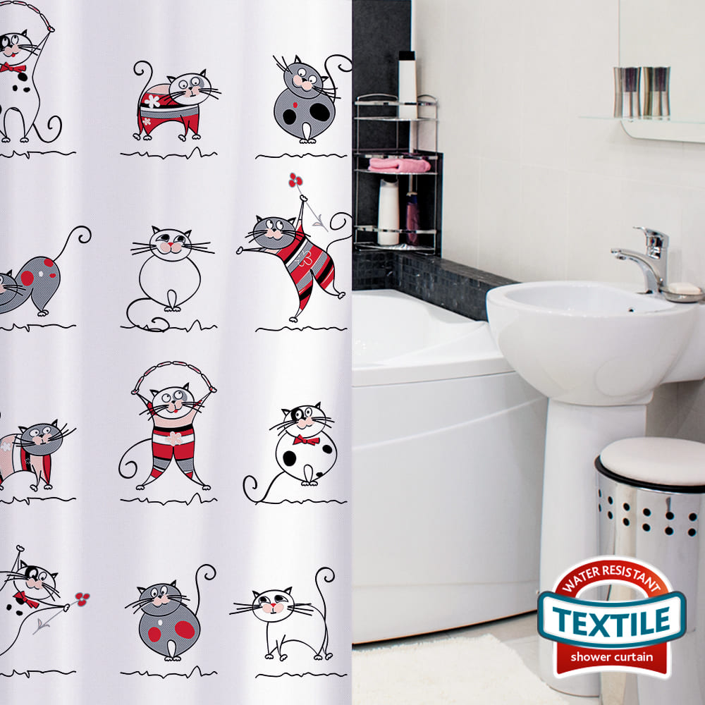 Cortina de chuveiro, cortina de chuveiro banheira, 12 anéis de cortina, poliéster têxtil, 180x180cm, Tatkraft Funny Cats, 5
