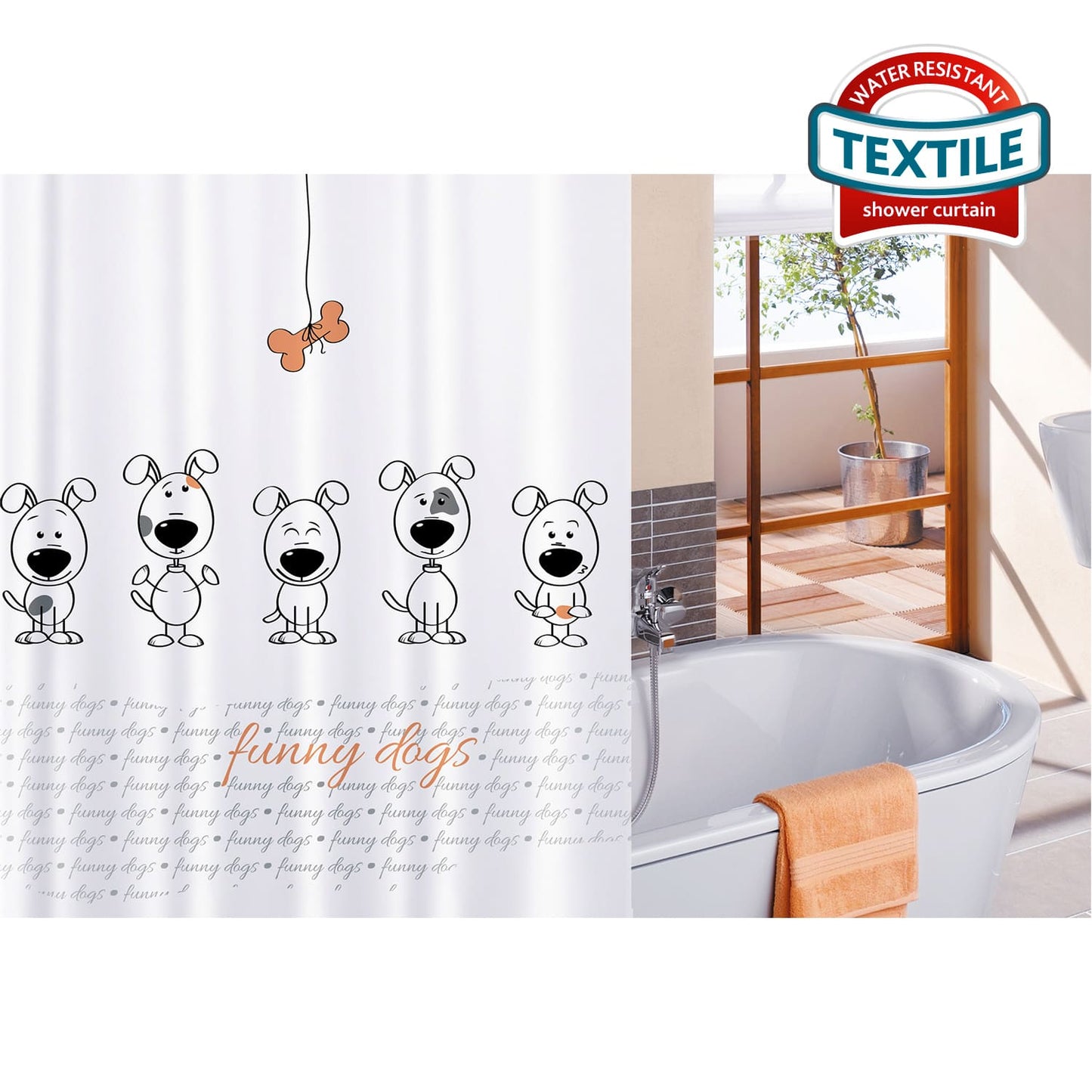 Cortina de chuveiro, com 12 argolas, cortina de banho, poliéster têxtil, 180x180 cm, Tatkraft Funny Dogs, 4