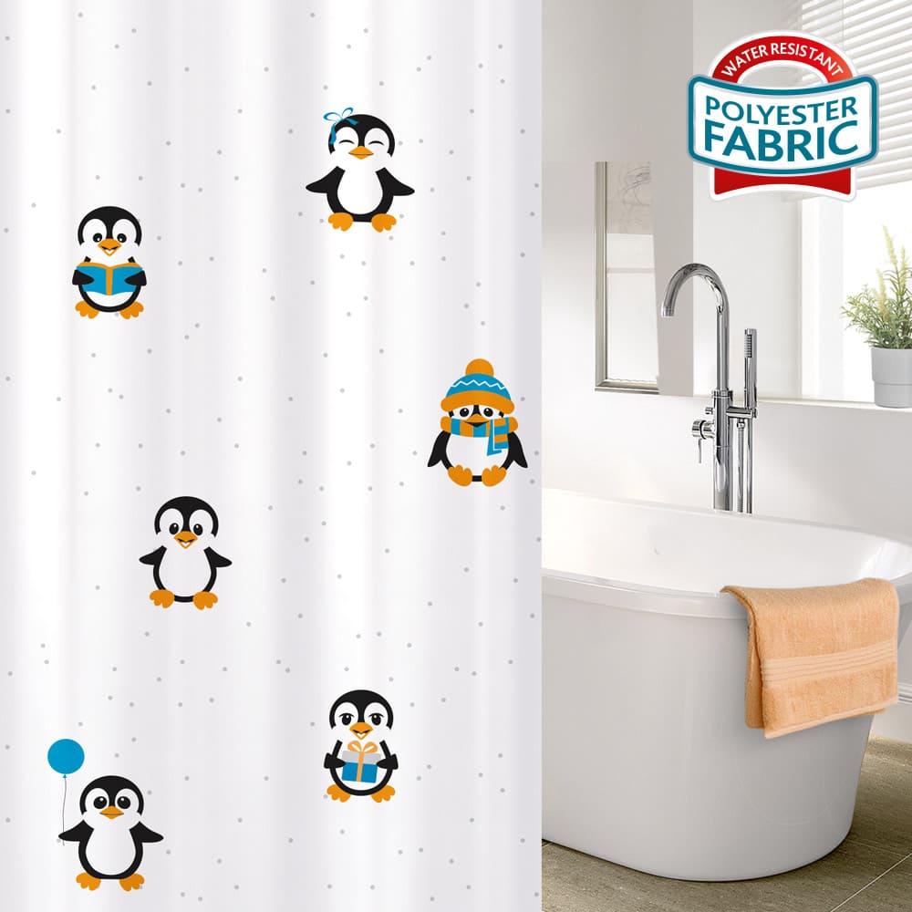 Cortina de chuveiro, com 12 argolas, poliéster têxtil, 180x180 cm, Tatkraft Funny Penguins, 1