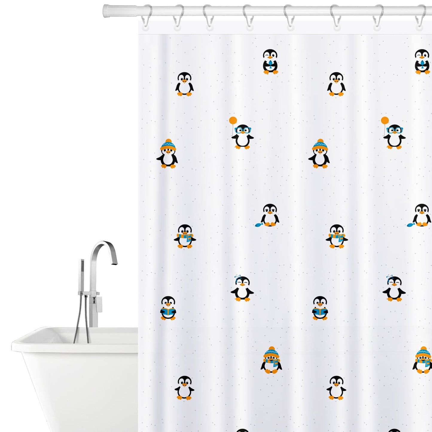 Cortina de chuveiro, com 12 argolas, poliéster têxtil, 180x180 cm, Tatkraft Funny Penguins, 2