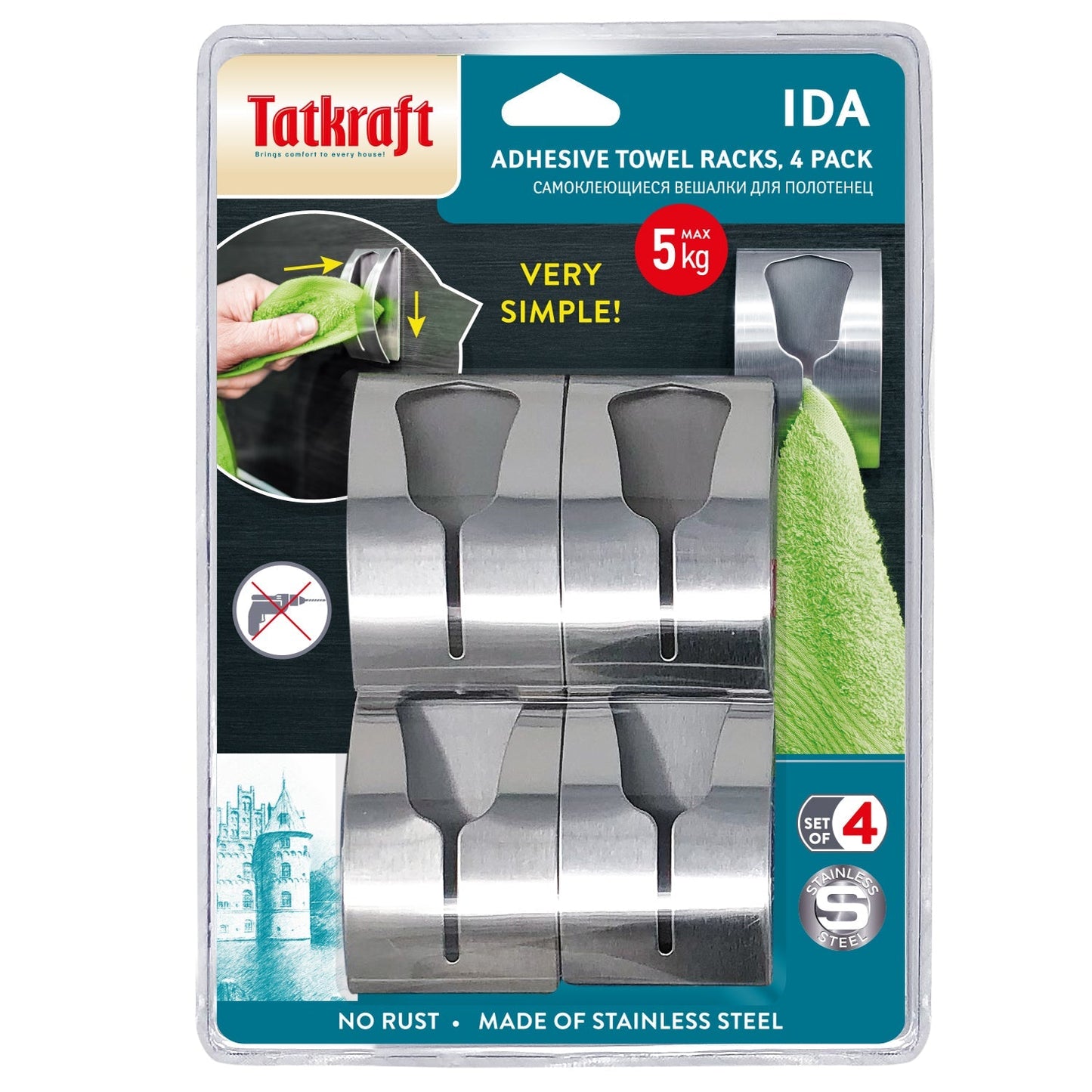 Conjunto de 4 porta-toalhas para banheiro e cozinha, porta-toalha sem furar, prendedor de toalha, Tatkraft Ida, 6