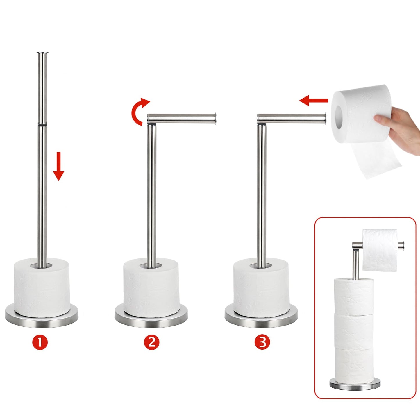 Suporte independente para papel higiênico 2 em 1, aço inoxidável à prova de ferrugem, Tatkraft Kiara, 3