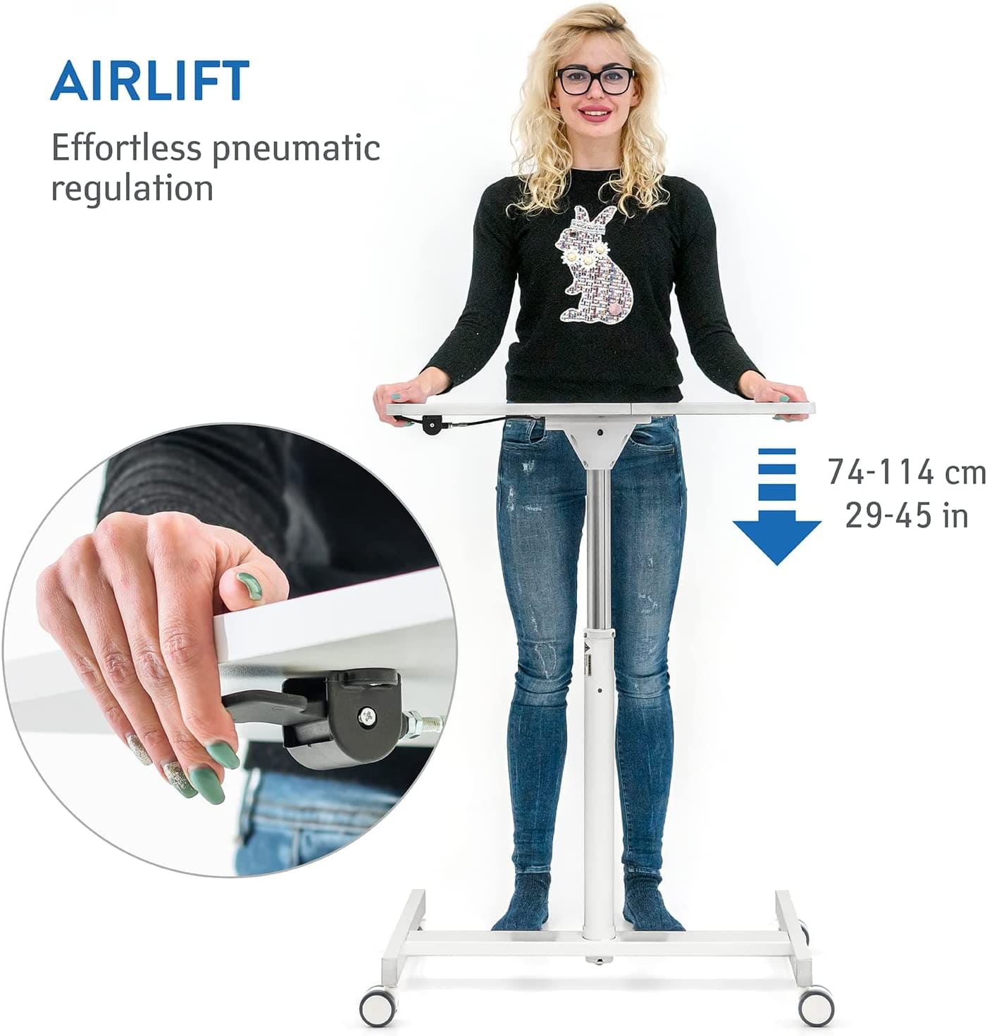 Mesa para laptop, mesa para laptop ajustável em altura, altura 74-114 cm, controle de elevação a gás sem esforço, Tatkraft Trend, 3