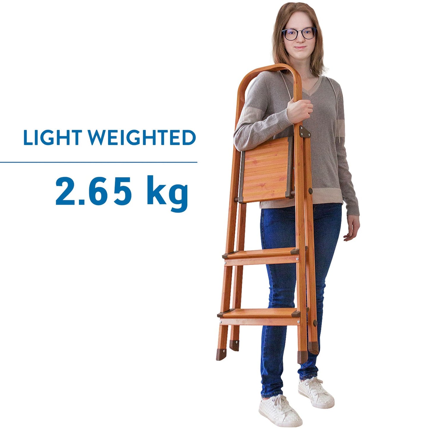 Escada de 3 degraus, aspecto de madeira, escada doméstica estável, até 150 kg, leve, degrau dobrável, Tatkraft Upgrade 3, 4