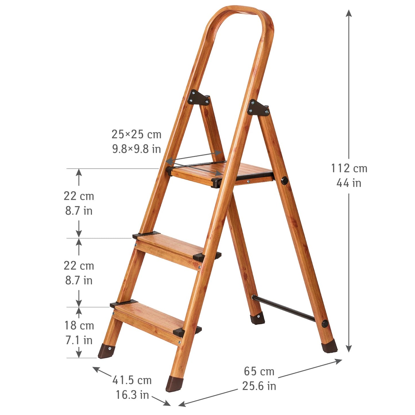 Escada de 3 degraus, aspecto de madeira, escada doméstica estável, até 150 kg, leve, degrau dobrável, Tatkraft Upgrade 3, 5