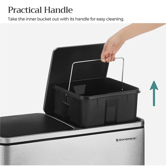 Lixeira de cozinha, lixeira de cozinha 60l, com 2 lixeiras internas, lixeira de cozinha grande, lixeira de pedal, Songmics, 2