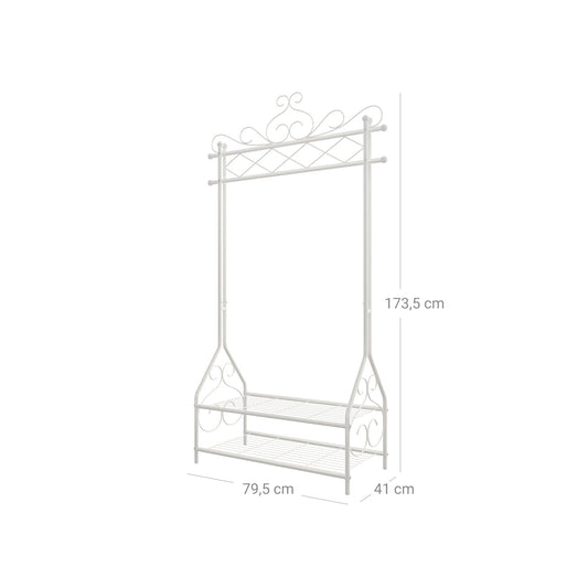 Cabideiro em estilo vintage com varão e 2 prateleiras de metal branco crème, SONGMICS, 2