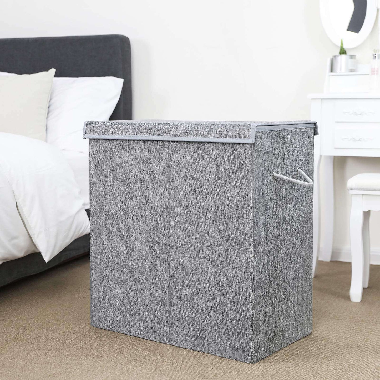 Cesto para roupa suja, 142 L, cesto para roupa suja em imitação de linho, cesto para roupa suja 2 compartimentos, SONGMICS, 5