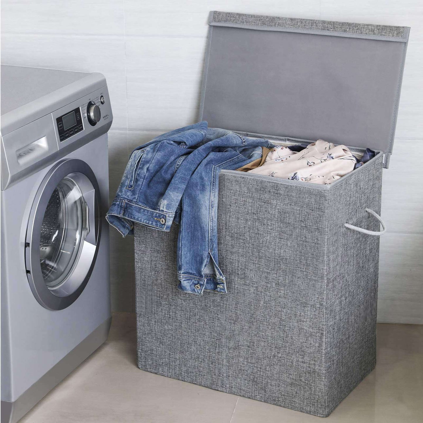 Cesto para roupa suja, 142 L, cesto para roupa suja em imitação de linho, cesto para roupa suja 2 compartimentos, SONGMICS, 2