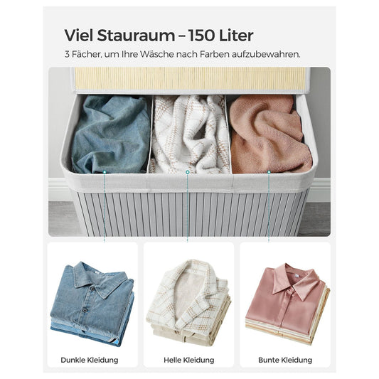 Cesto para roupa suja em bambu, 150 L, cesto para roupa suja 3 compartimentos, cinza, SONGMICS, 1
