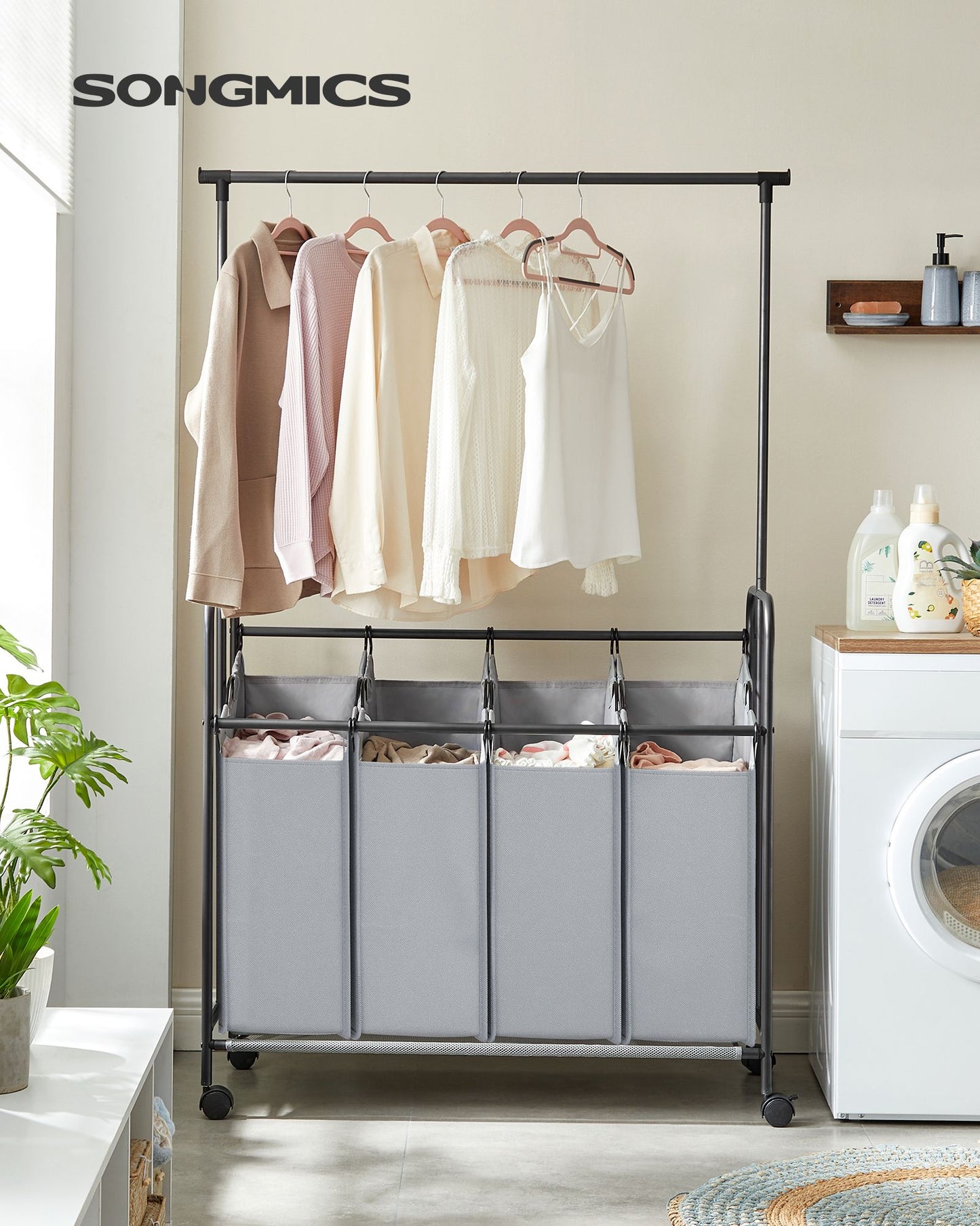 Carrinho de roupa suja com rodas, 4 x 50 litros, classificador de roupa 4 compartimentos, cinza, SONGMICS, 8